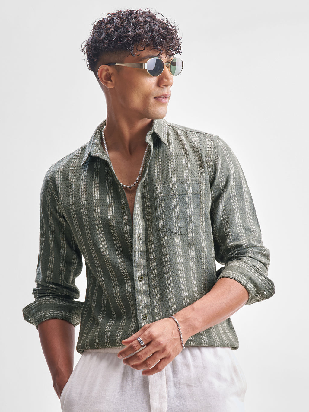 Highlander Men Green Self Design Slim Fit Casual Shirt - Green - Image 1