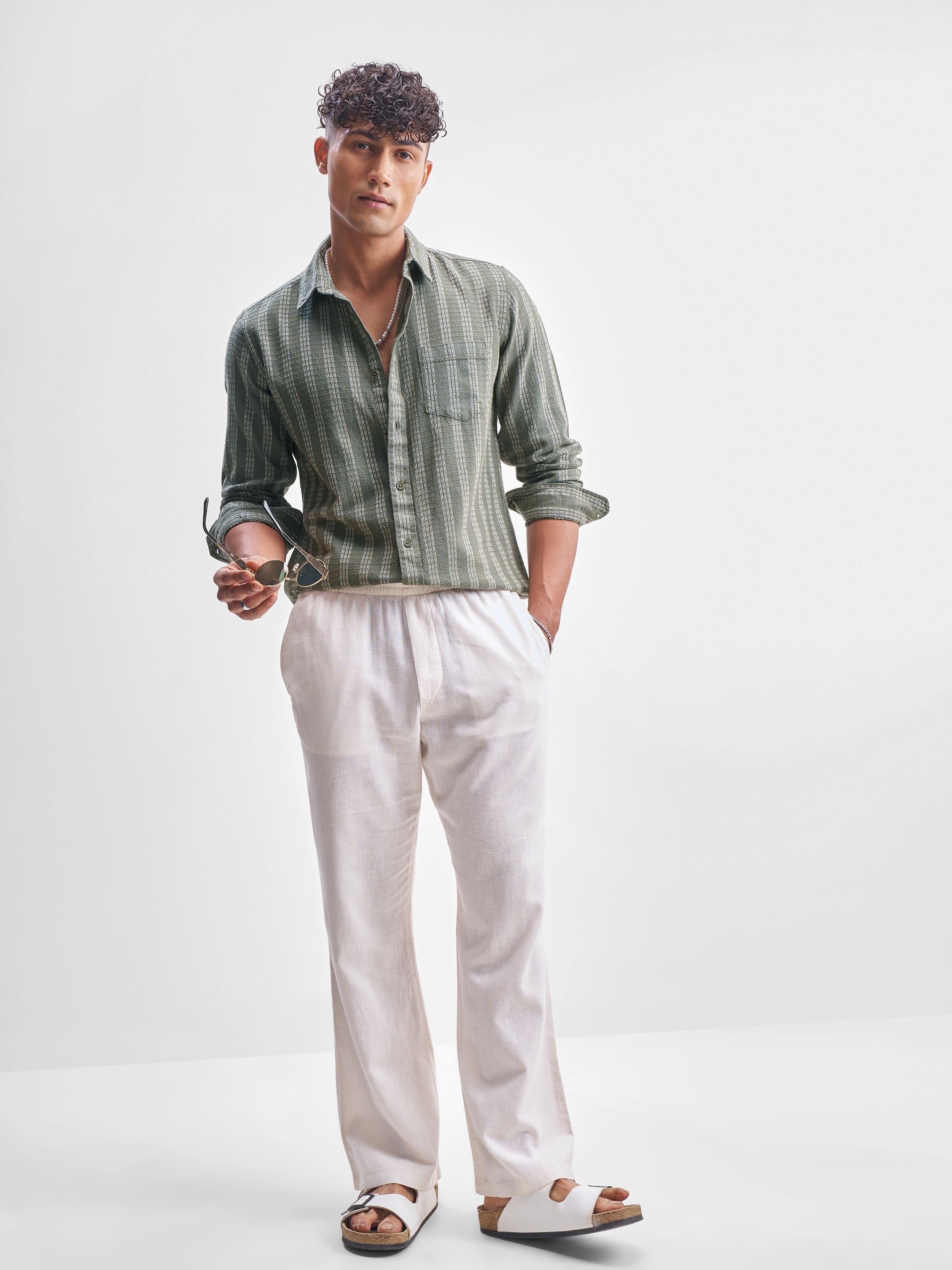 Highlander Men Green Self Design Slim Fit Casual Shirt - Green - Image 2