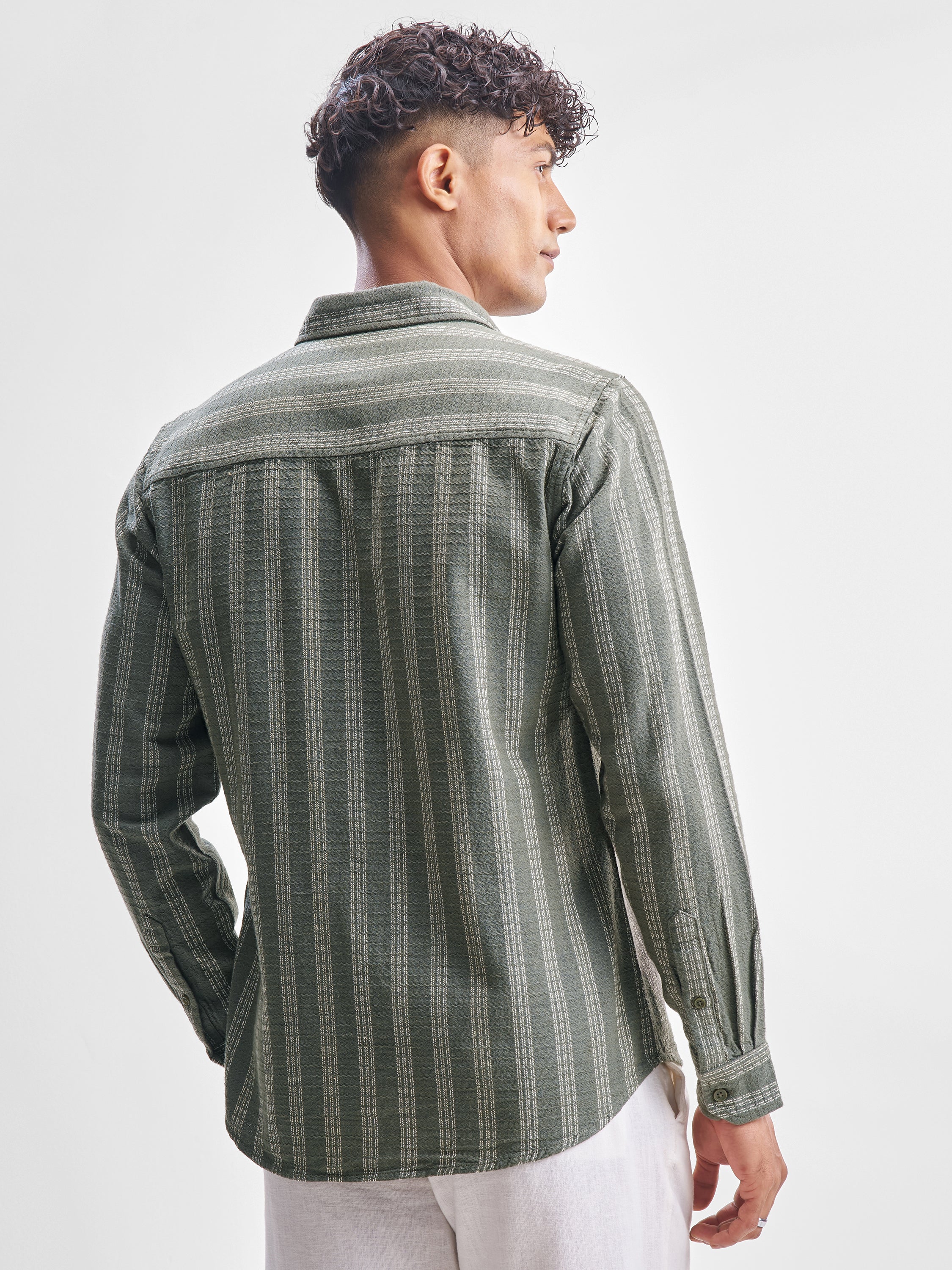 Highlander Men Green Self Design Slim Fit Casual Shirt - Green - Image 3