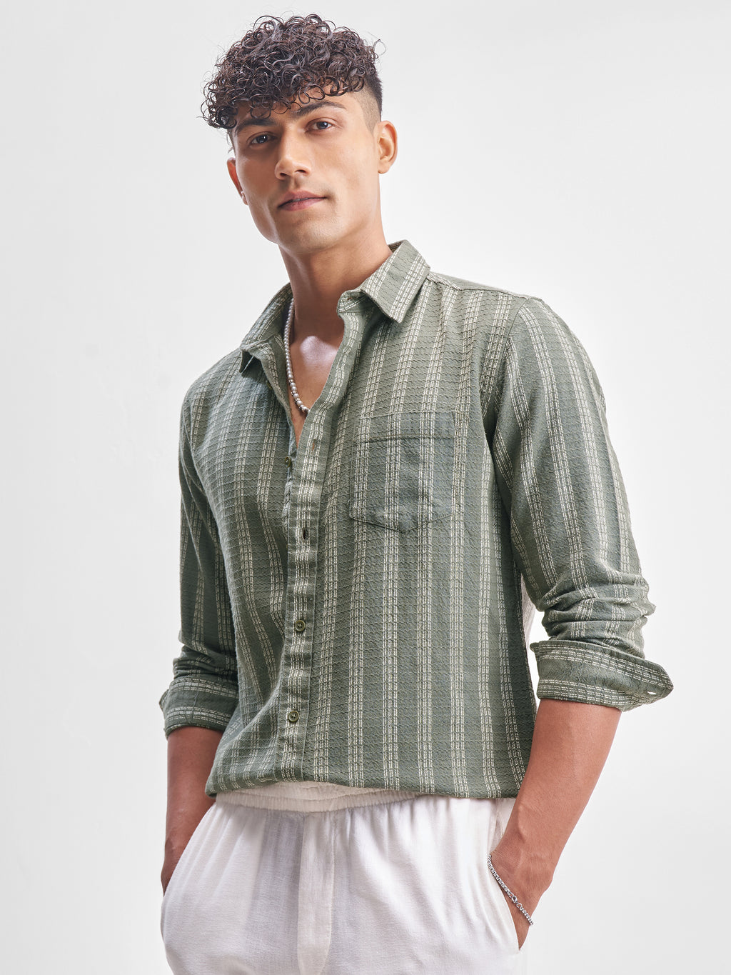 Highlander Men Green Self Design Slim Fit Casual Shirt - Green - Image 4