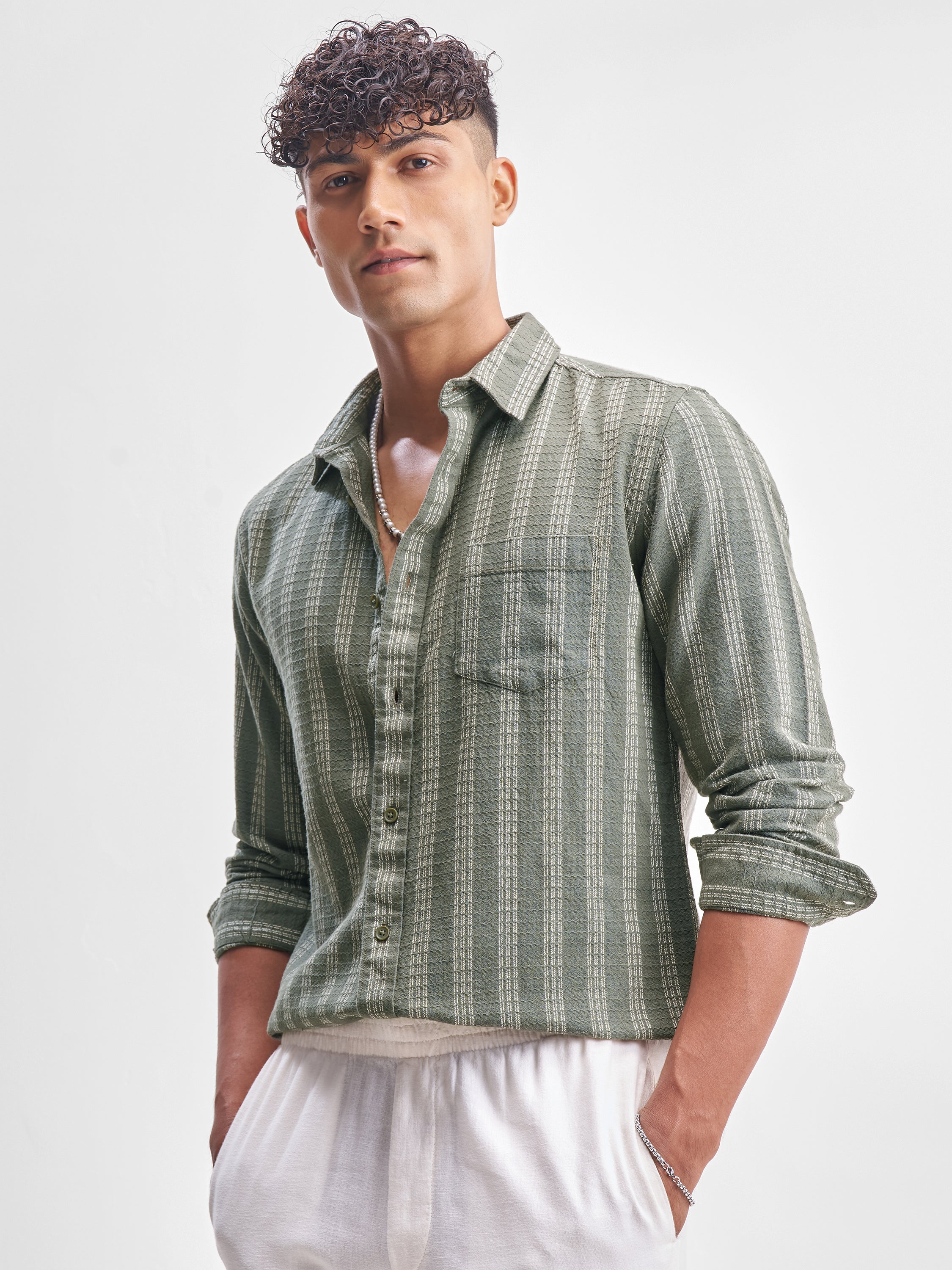 Highlander Men Green Self Design Slim Fit Casual Shirt - Green - Image 4