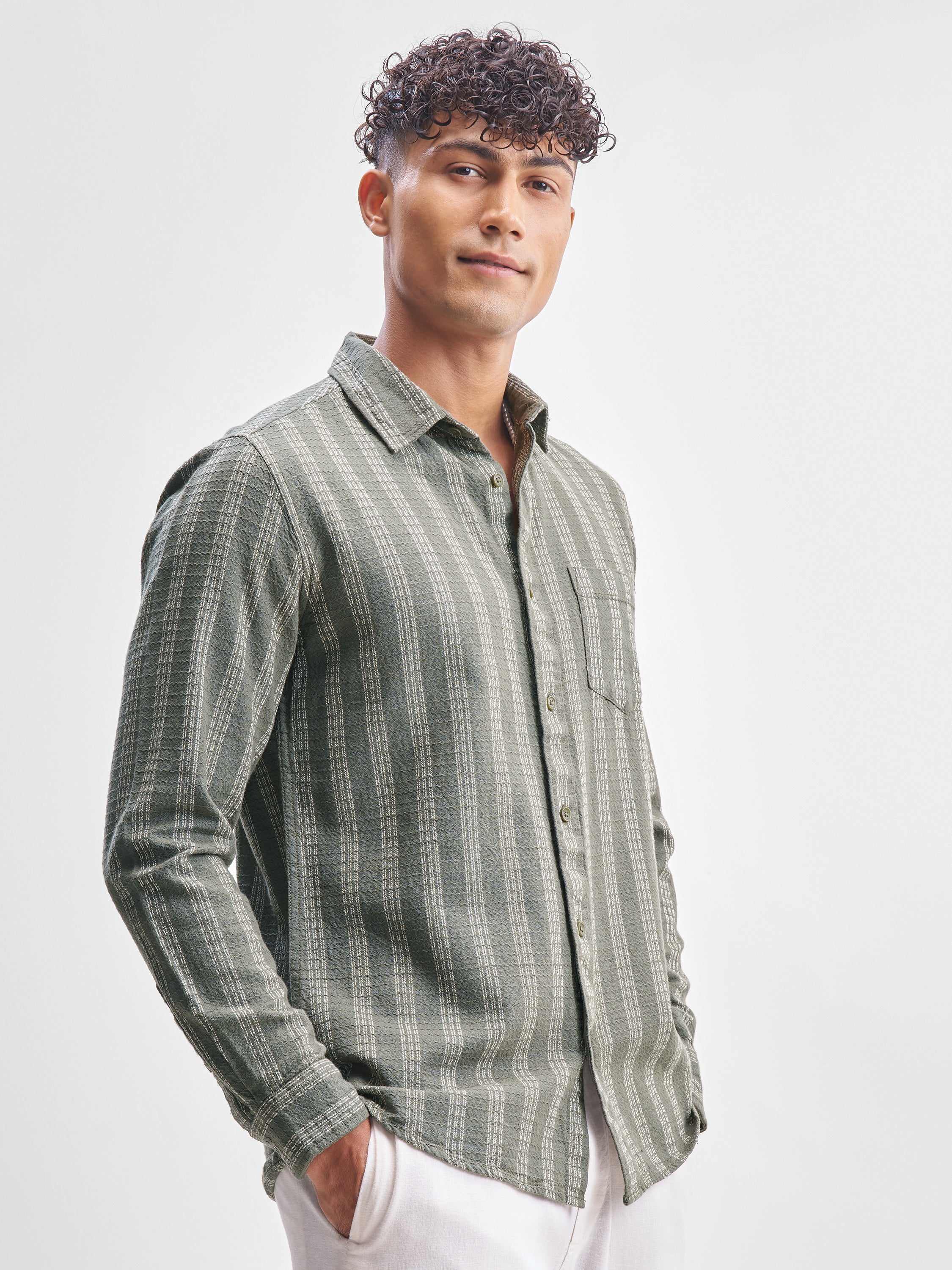 Highlander Men Green Self Design Slim Fit Casual Shirt - Green - Image 6