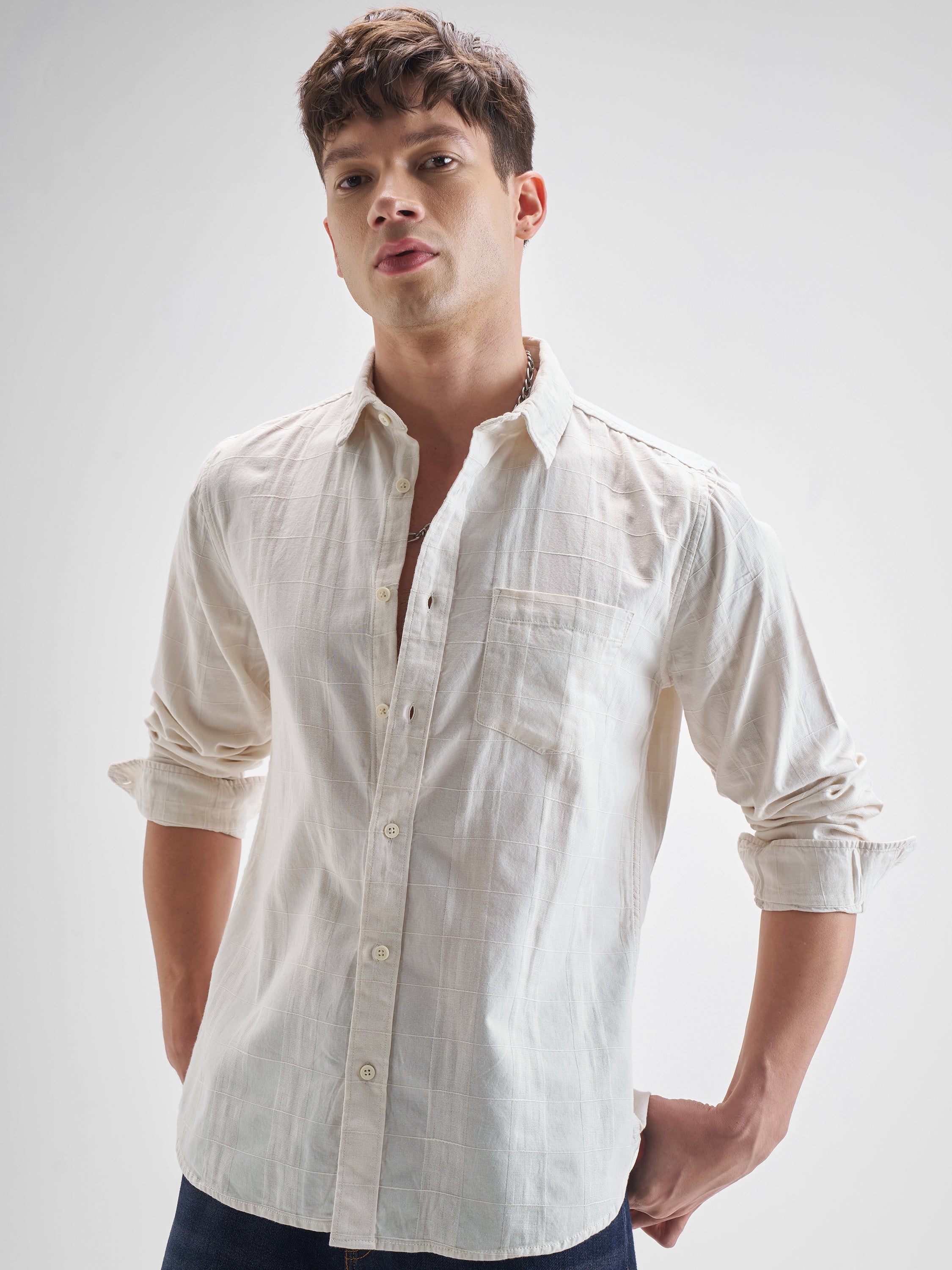 Highlander Men Off White Self Design Slim Fit Casual Shirt - Off White - Image 1