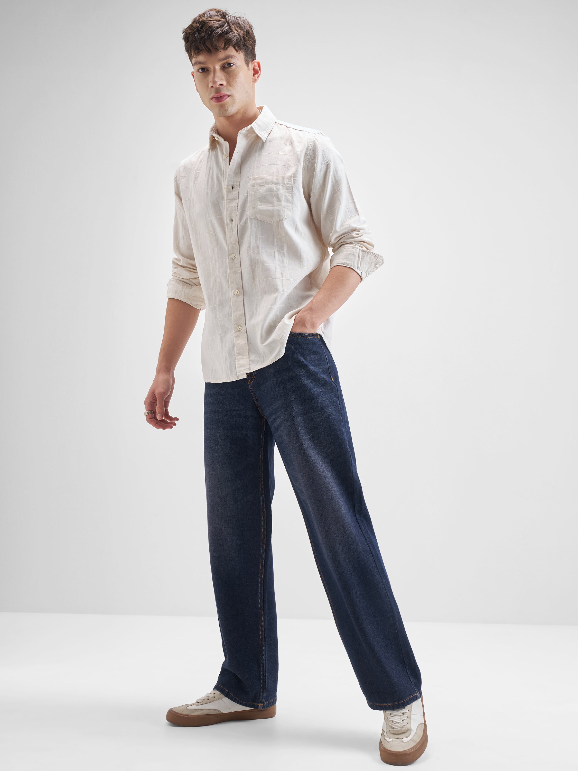 Highlander Men Off White Self Design Slim Fit Casual Shirt - Off White - Image 2