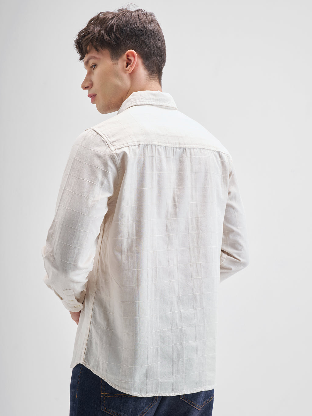 Highlander Men Off White Self Design Slim Fit Casual Shirt - Off White - Image 3
