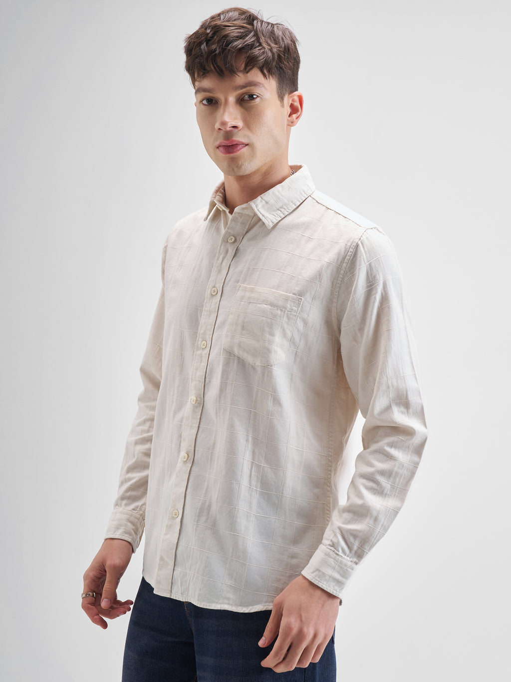 Highlander Men Off White Self Design Slim Fit Casual Shirt - Off White - Image 4