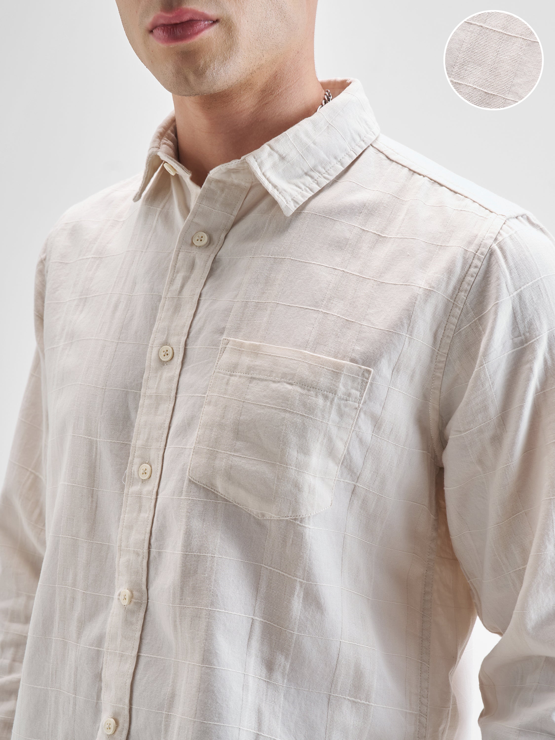 Highlander Men Off White Self Design Slim Fit Casual Shirt - Off White - Image 5