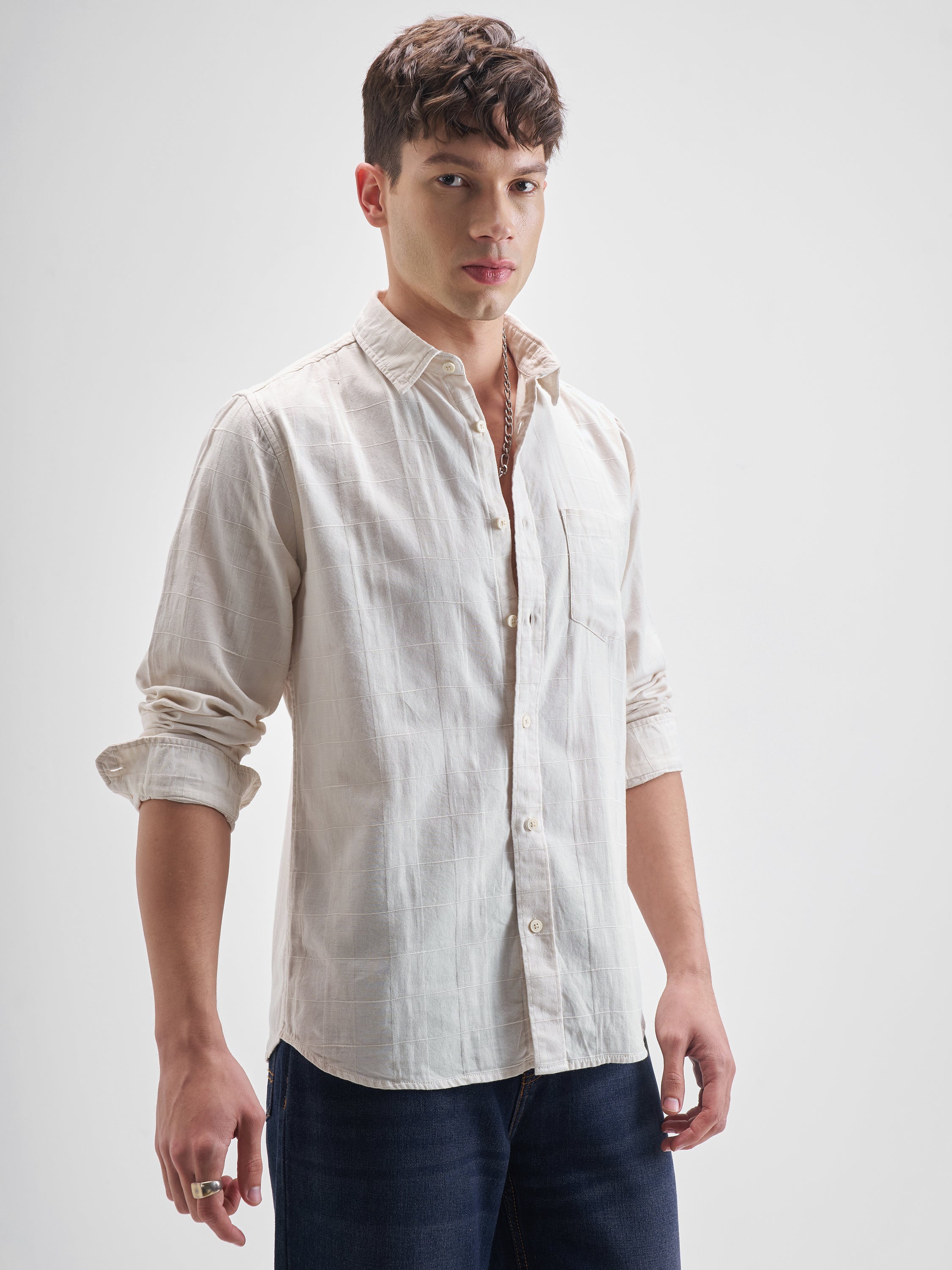 Highlander Men Off White Self Design Slim Fit Casual Shirt - Off White - Image 6