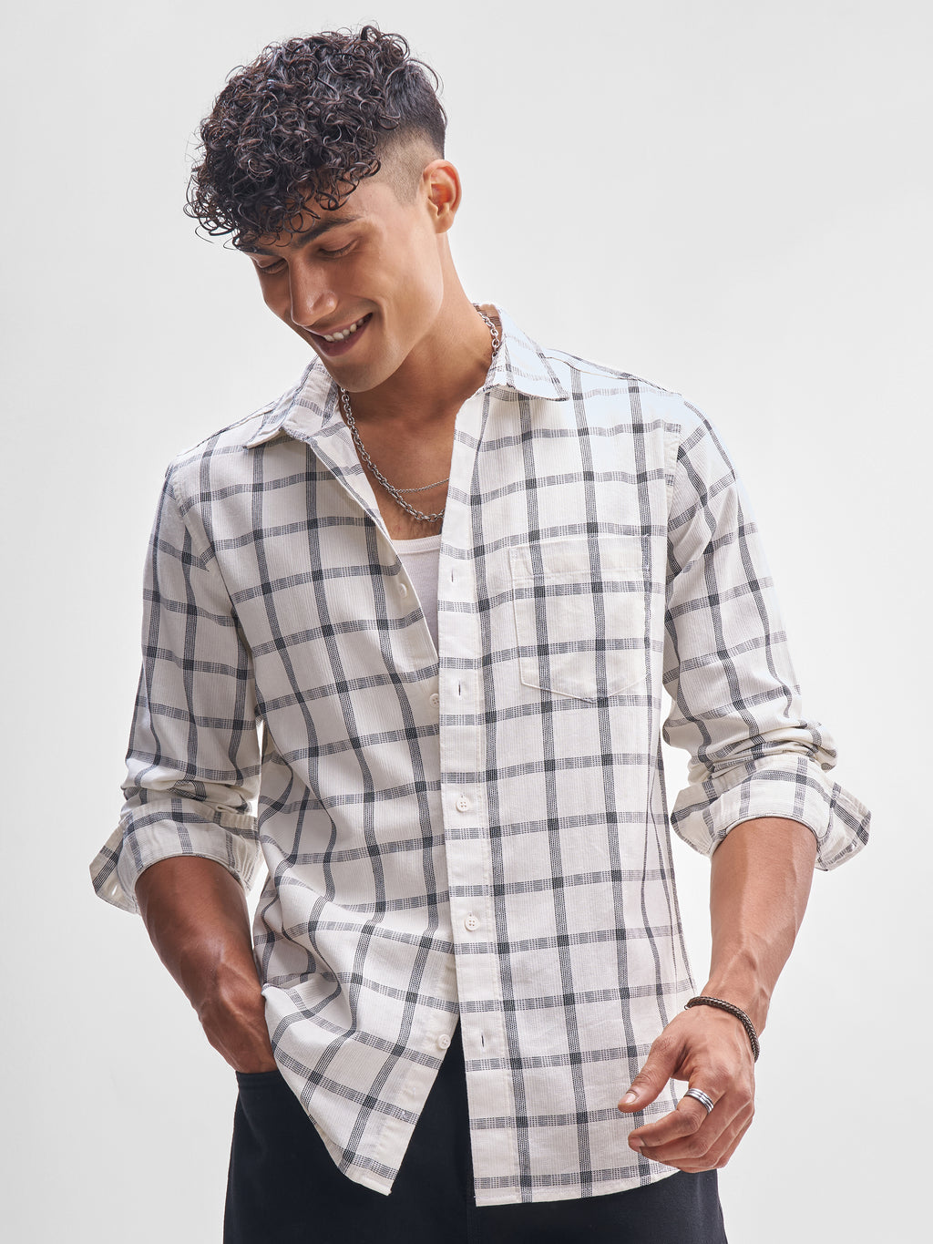 Highlander Men Cream Checked Slim Fit Casual Shirt - Cream - Image 1