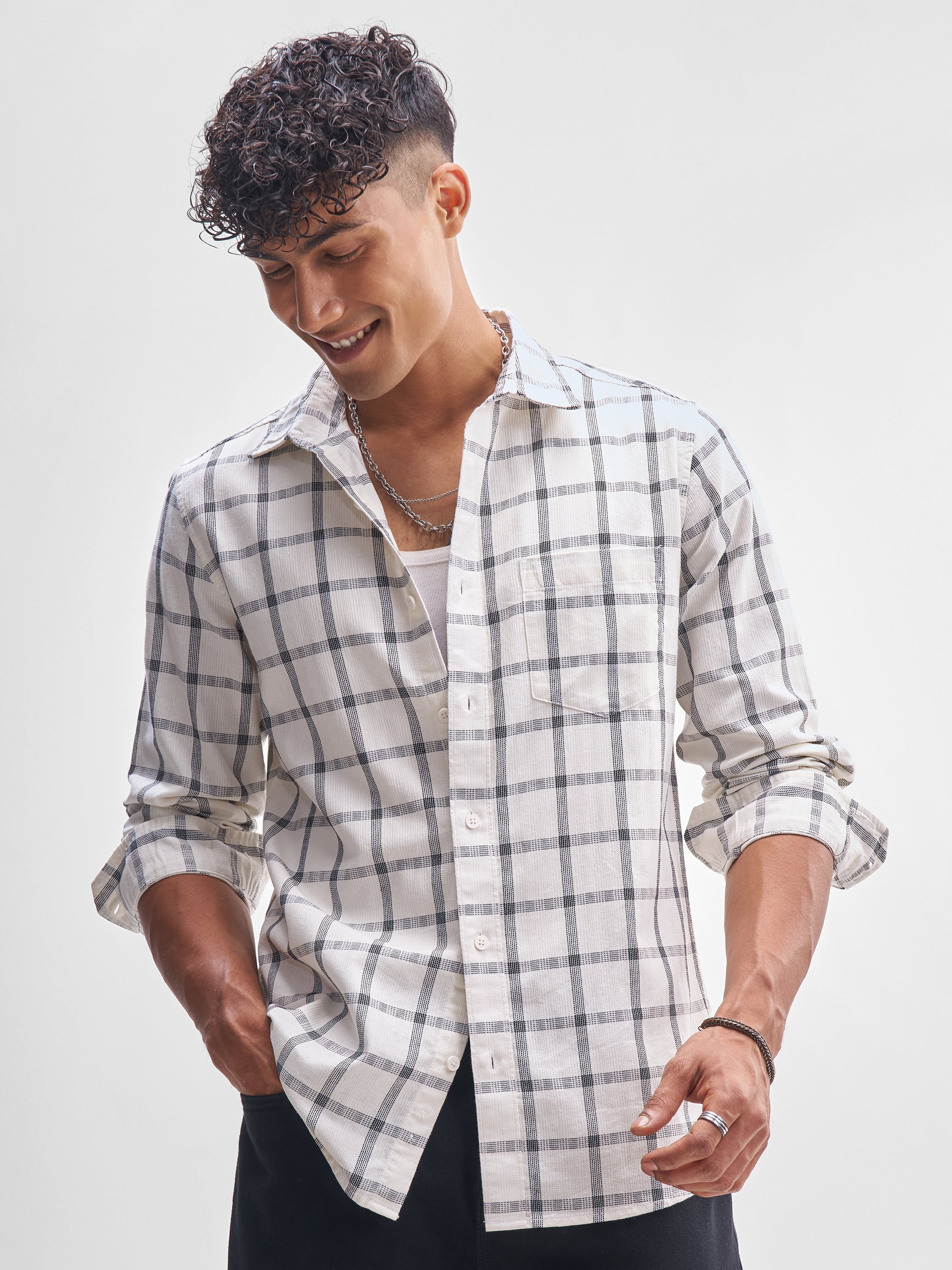 Highlander Men Cream Checked Slim Fit Casual Shirt - Cream - Image 1