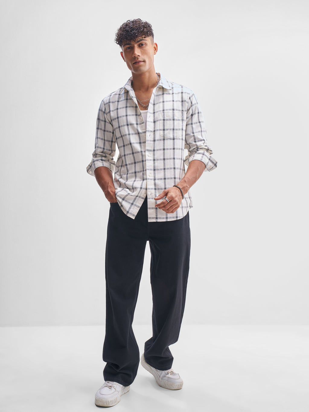 Highlander Men Cream Checked Slim Fit Casual Shirt - Cream - Image 2