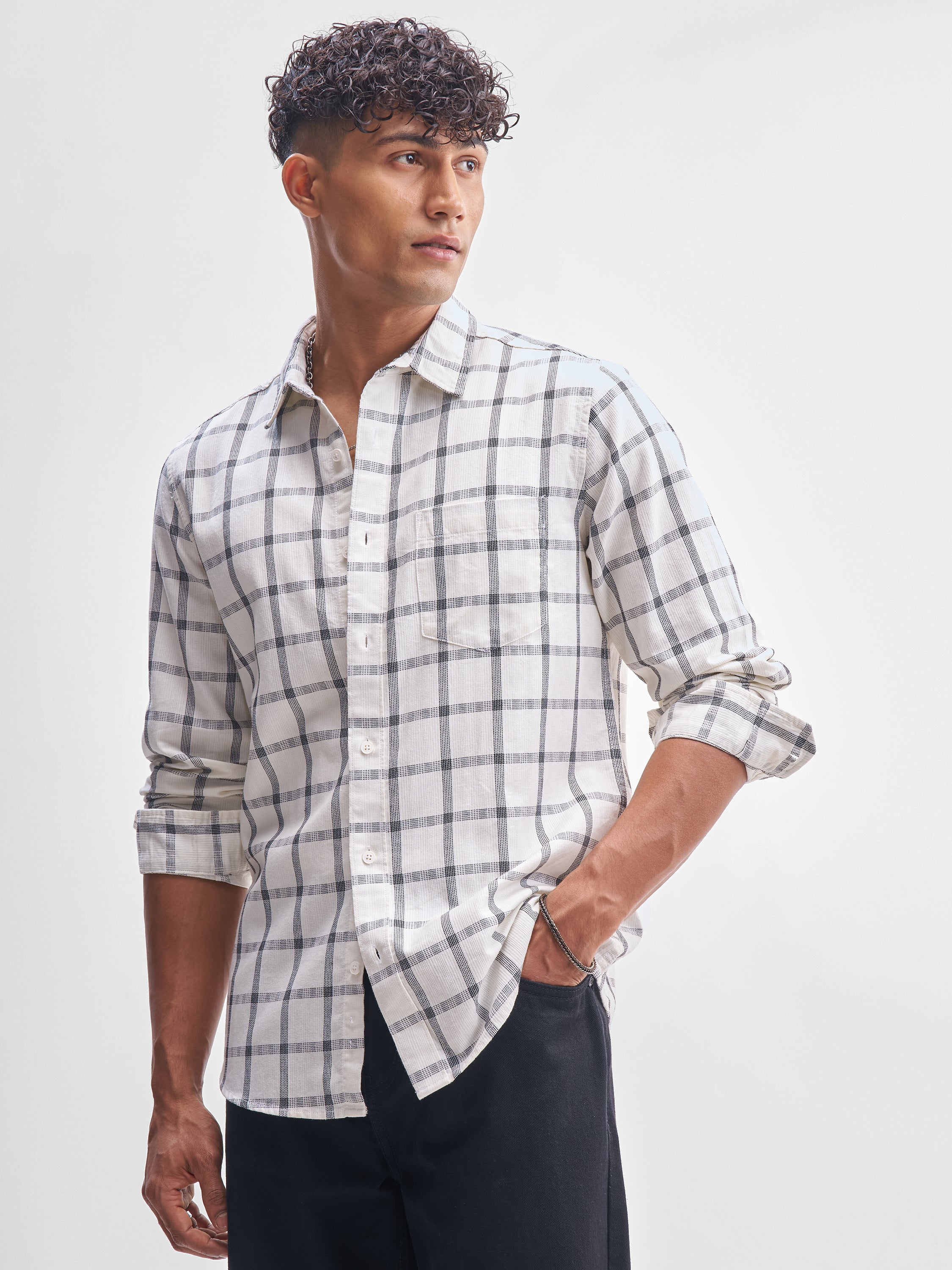 Highlander Men Cream Checked Slim Fit Casual Shirt - Cream - Image 4