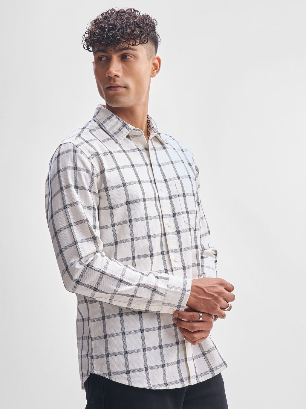 Highlander Men Cream Checked Slim Fit Casual Shirt - Cream - Image 6