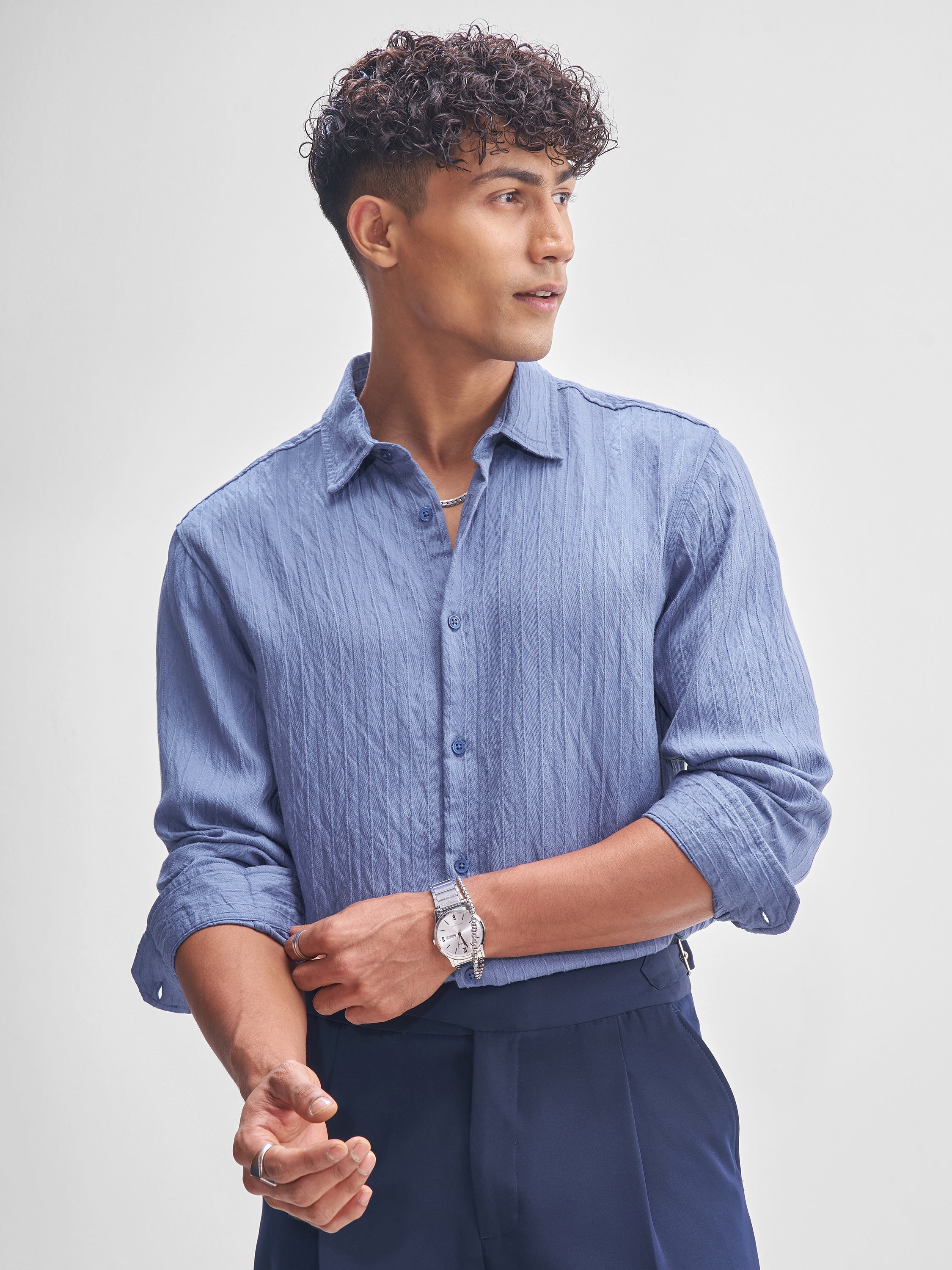 Highlander Men Blue Self Design Relaxed Fit Casual Shirt - Blue - Image 1