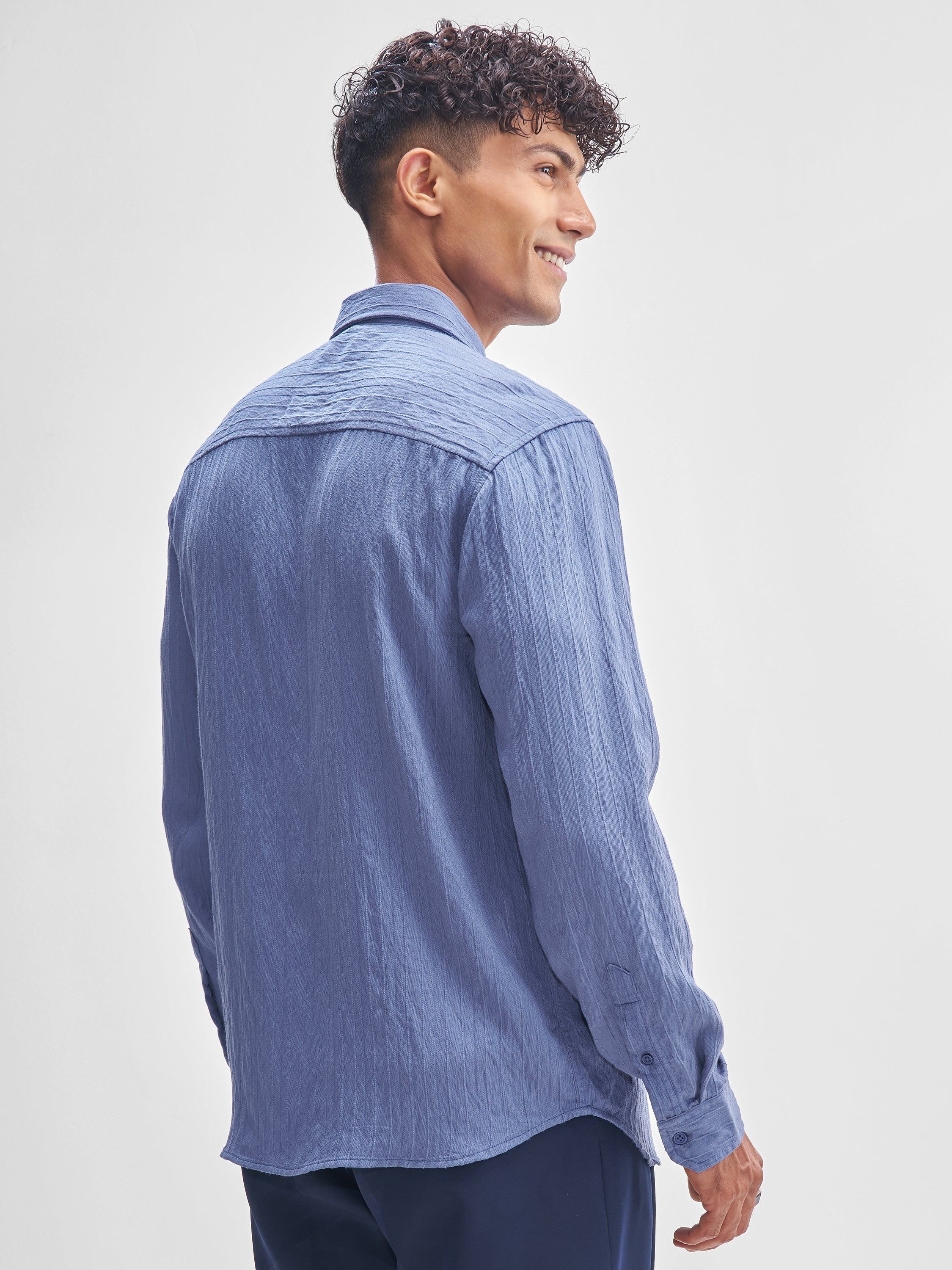 Highlander Men Blue Self Design Relaxed Fit Casual Shirt - Blue - Image 3