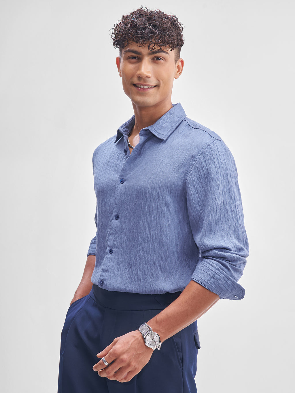 Highlander Men Blue Self Design Relaxed Fit Casual Shirt - Blue - Image 4