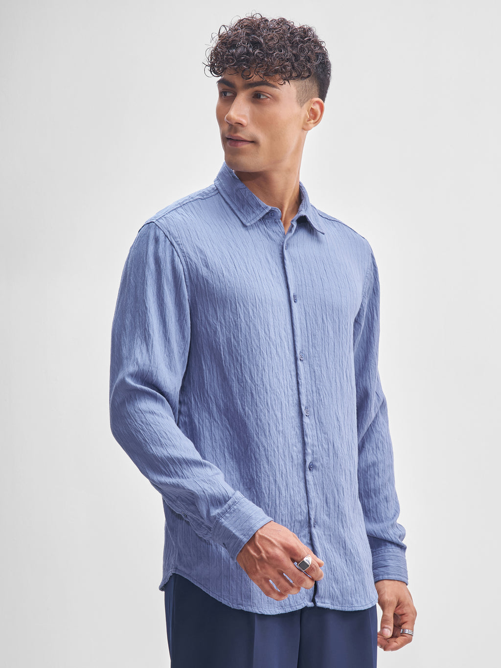 Highlander Men Blue Self Design Relaxed Fit Casual Shirt - Blue - Image 6