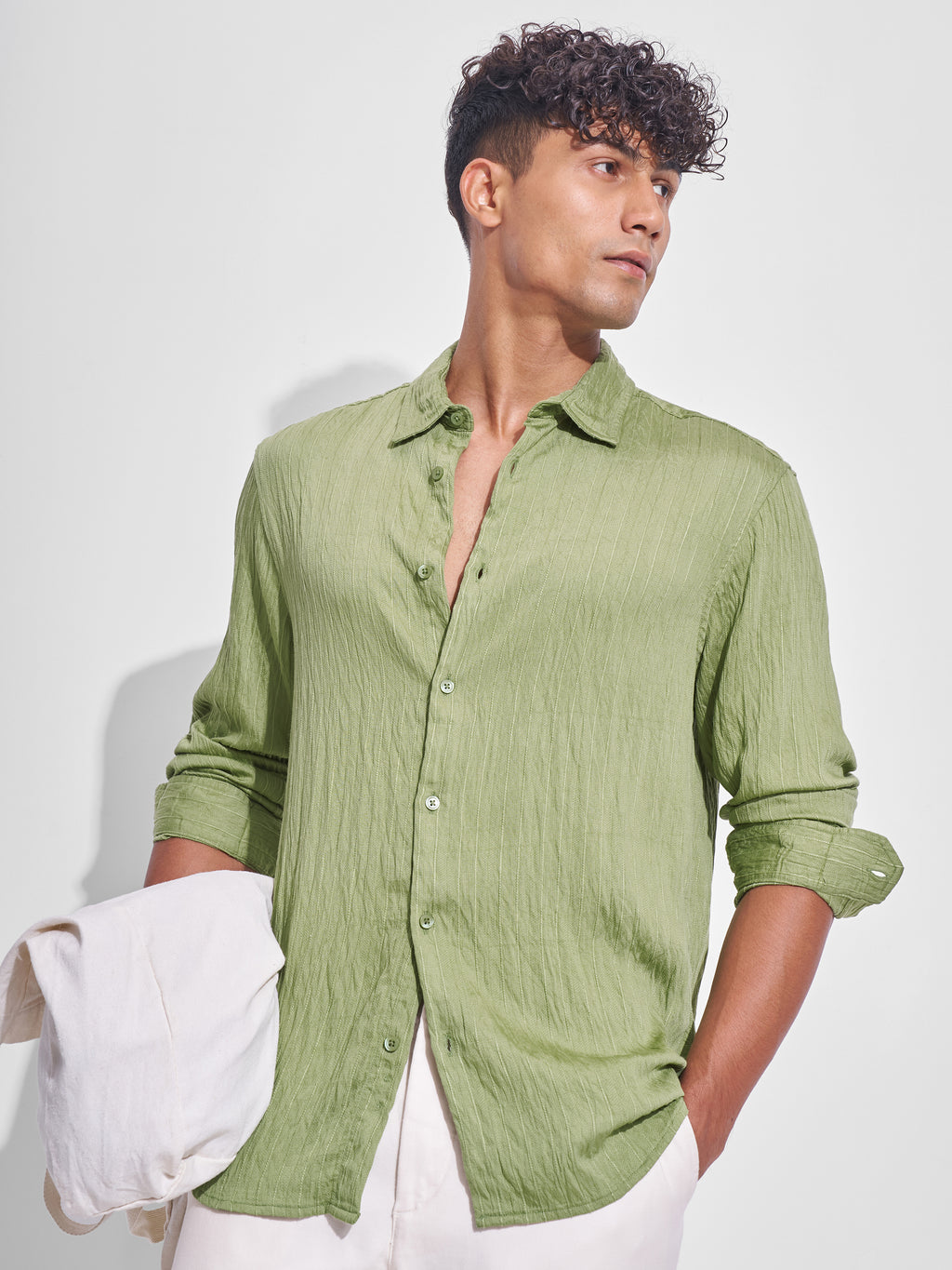 Highlander Men Green Crushed Relaxed Fit Casual Shirt - Green - Image 1