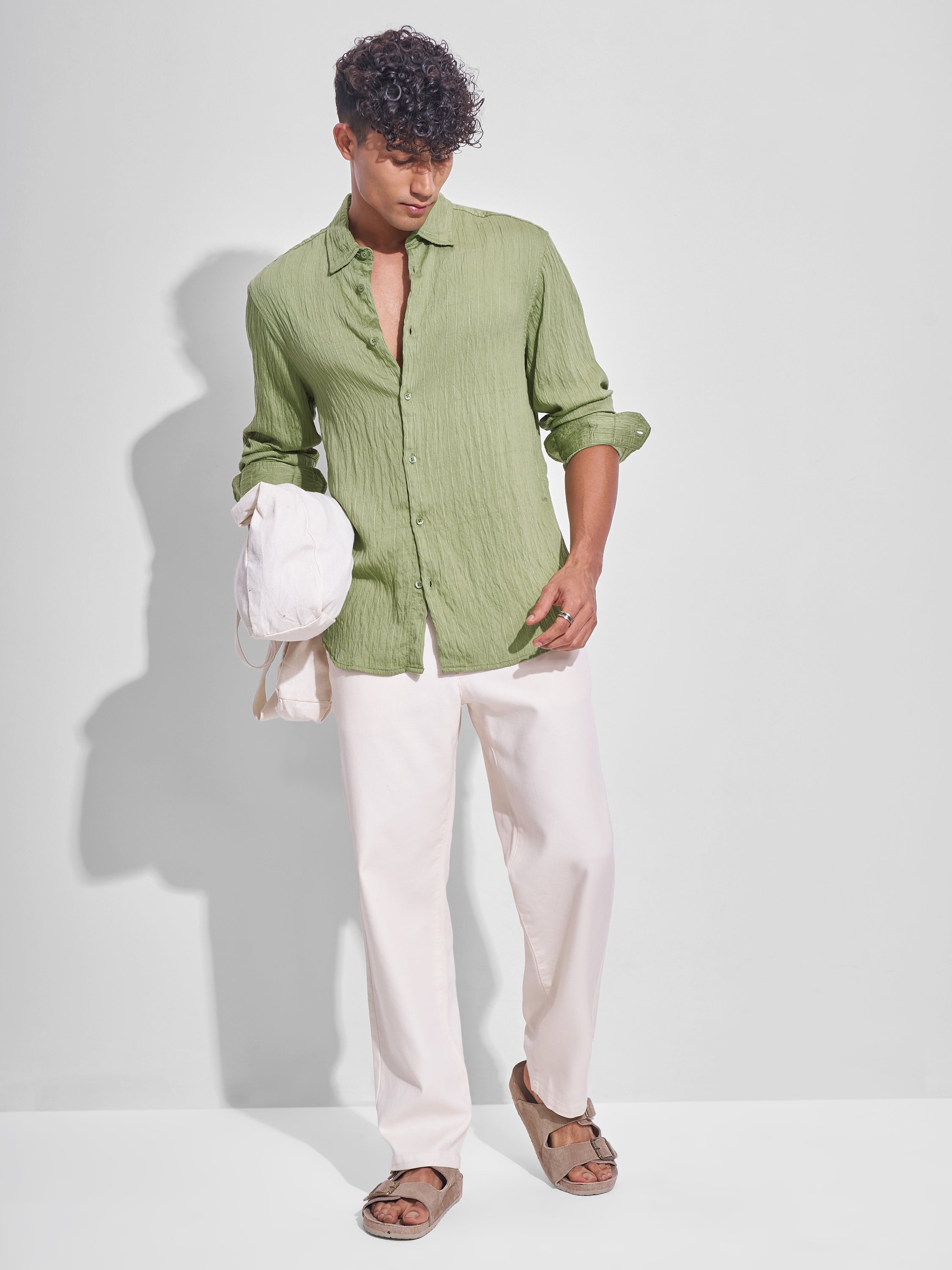 Highlander Men Green Crushed Relaxed Fit Casual Shirt - Green - Image 2