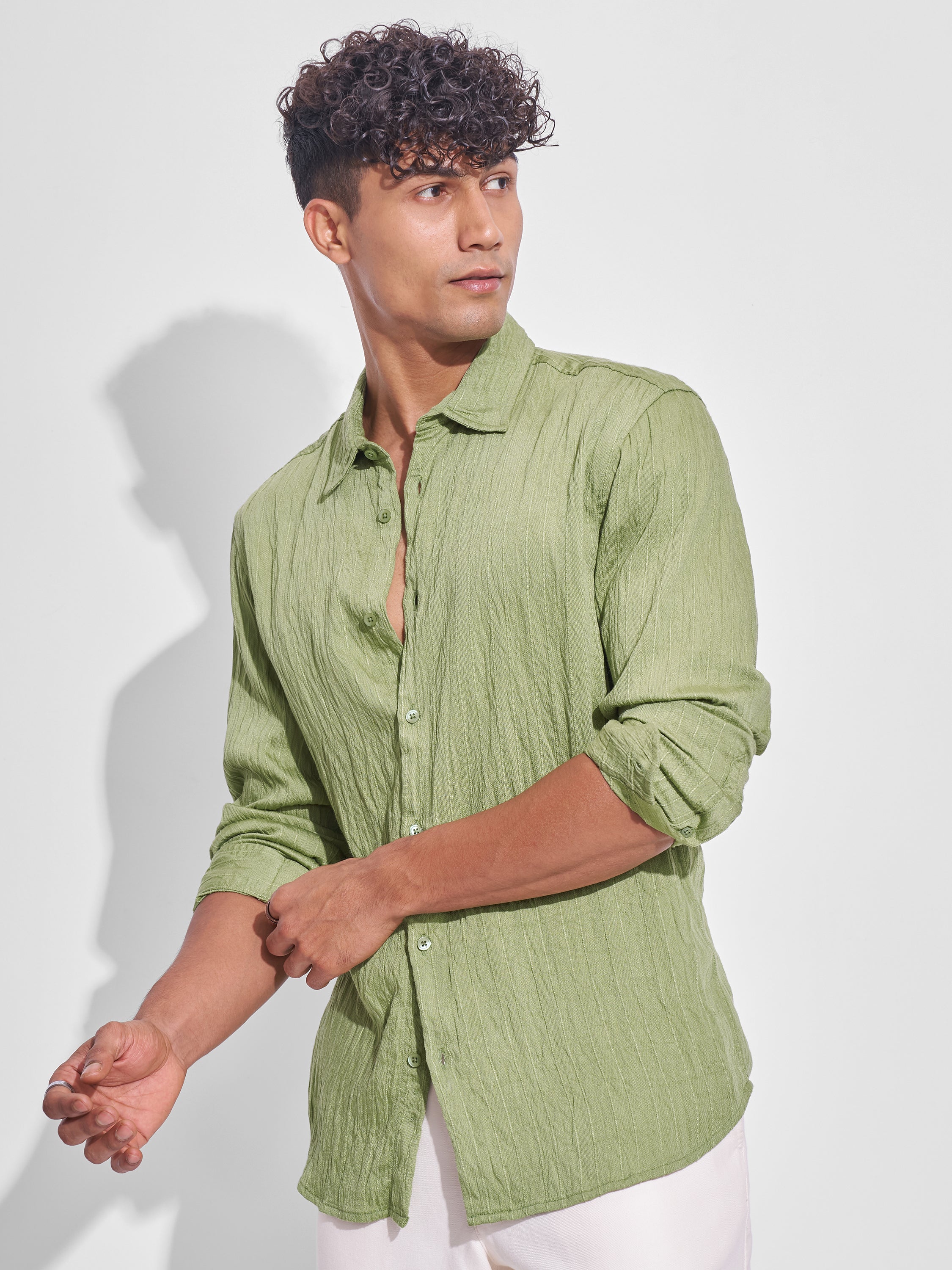 Highlander Men Green Crushed Relaxed Fit Casual Shirt - Green - Image 4
