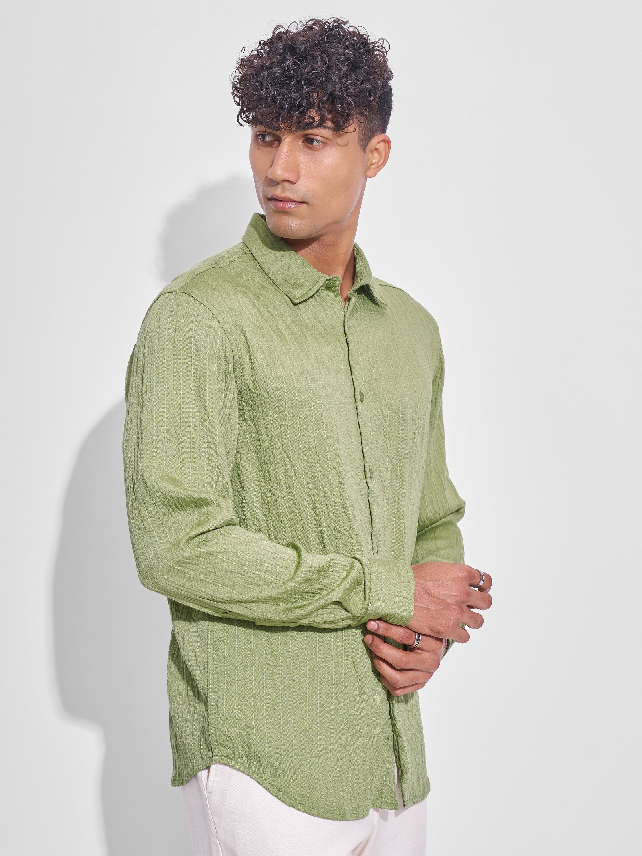 Highlander Men Green Crushed Relaxed Fit Casual Shirt - Green - Image 6