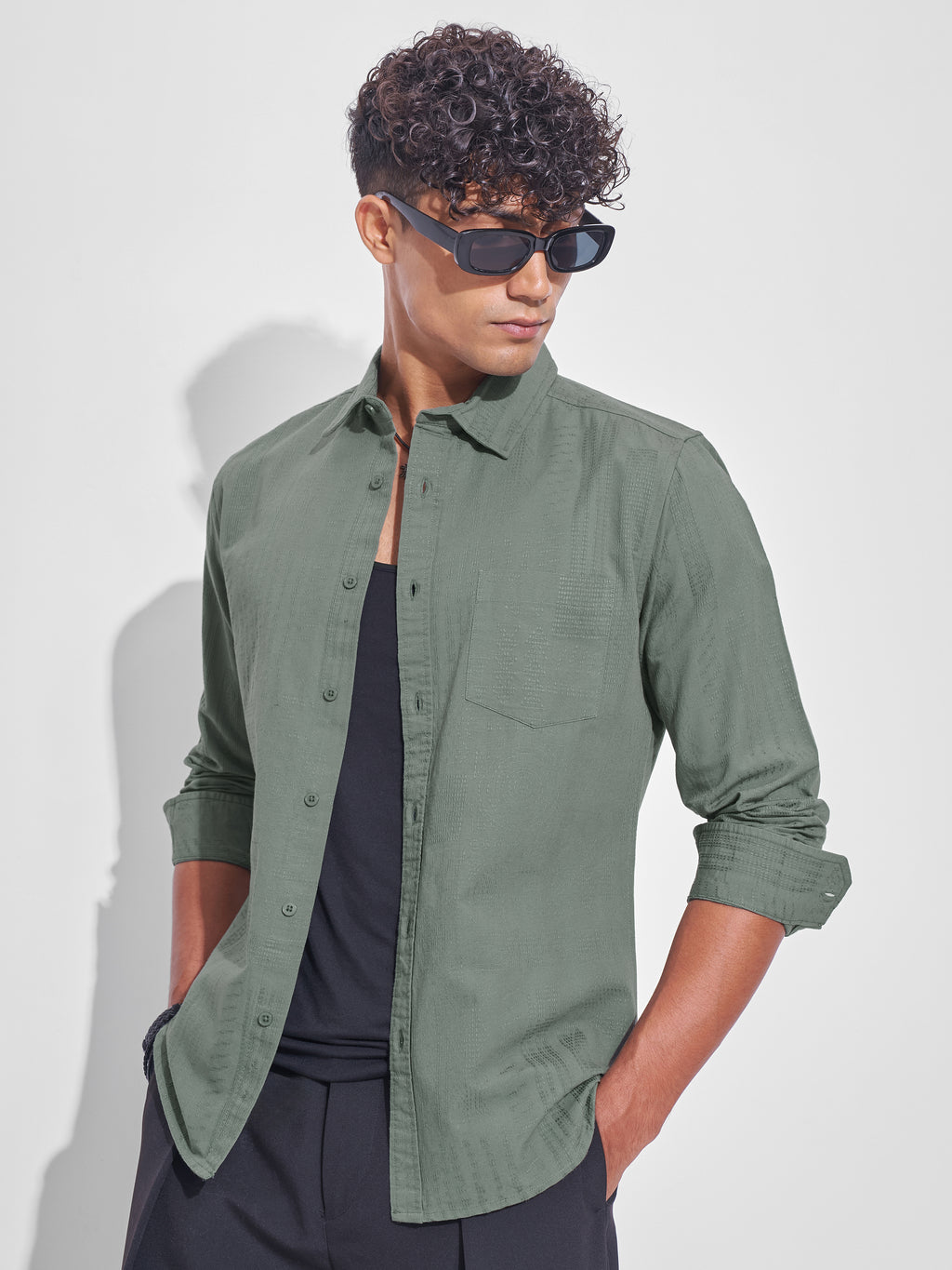 Highlander Men Olive Self Design Slim Fit Casual Shirt - Olive - Image 1