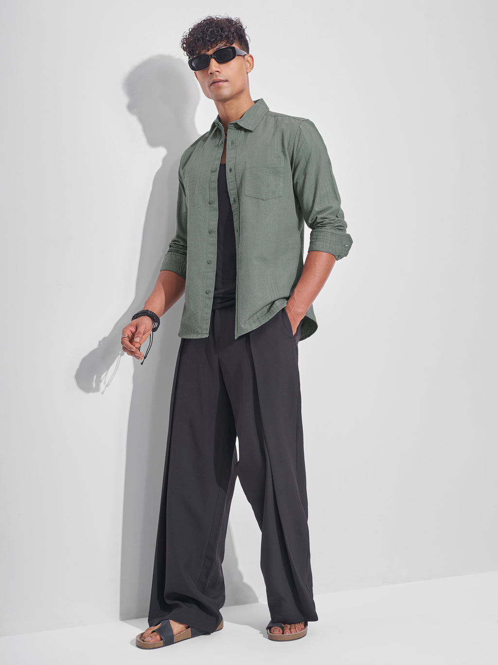 Highlander Men Olive Self Design Slim Fit Casual Shirt - Olive - Image 2