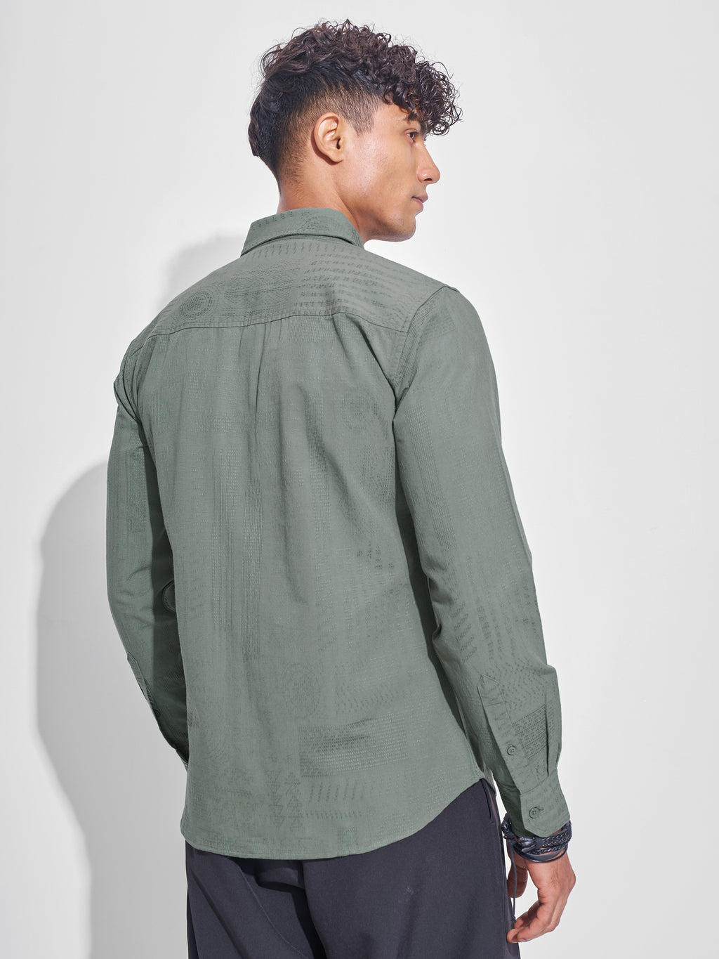 Highlander Men Olive Self Design Slim Fit Casual Shirt - Olive - Image 3