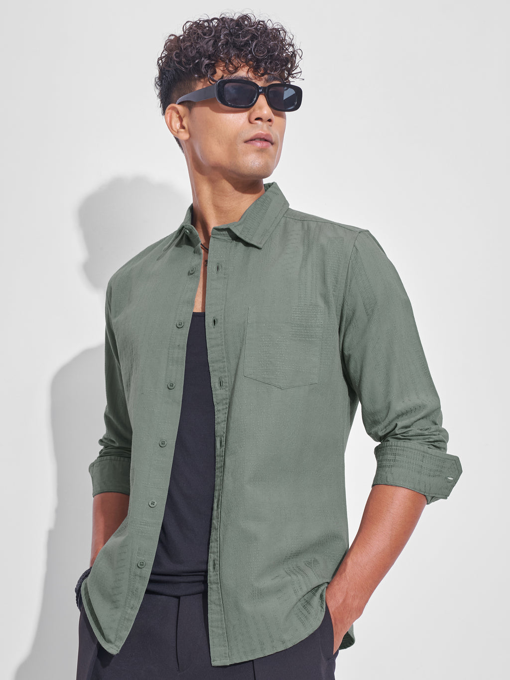 Highlander Men Olive Self Design Slim Fit Casual Shirt - Olive - Image 4