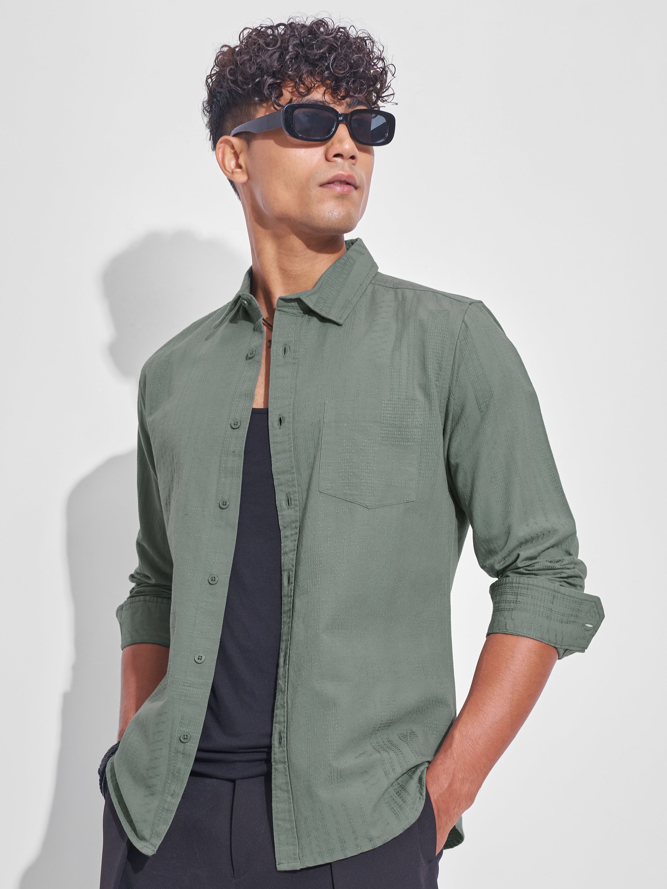 Highlander Men Olive Self Design Slim Fit Casual Shirt - Olive - Image 4