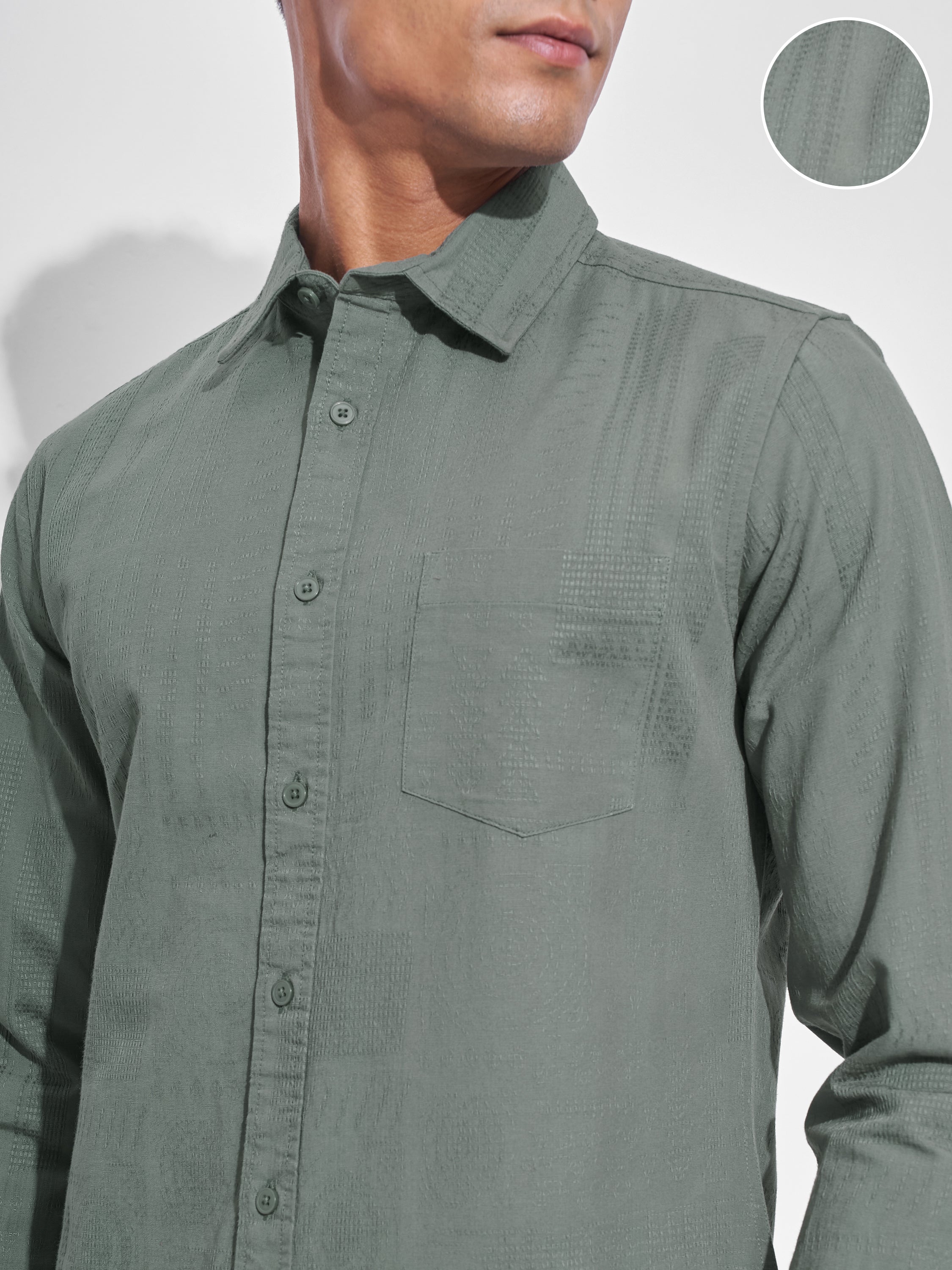 Highlander Men Olive Self Design Slim Fit Casual Shirt - Olive - Image 5