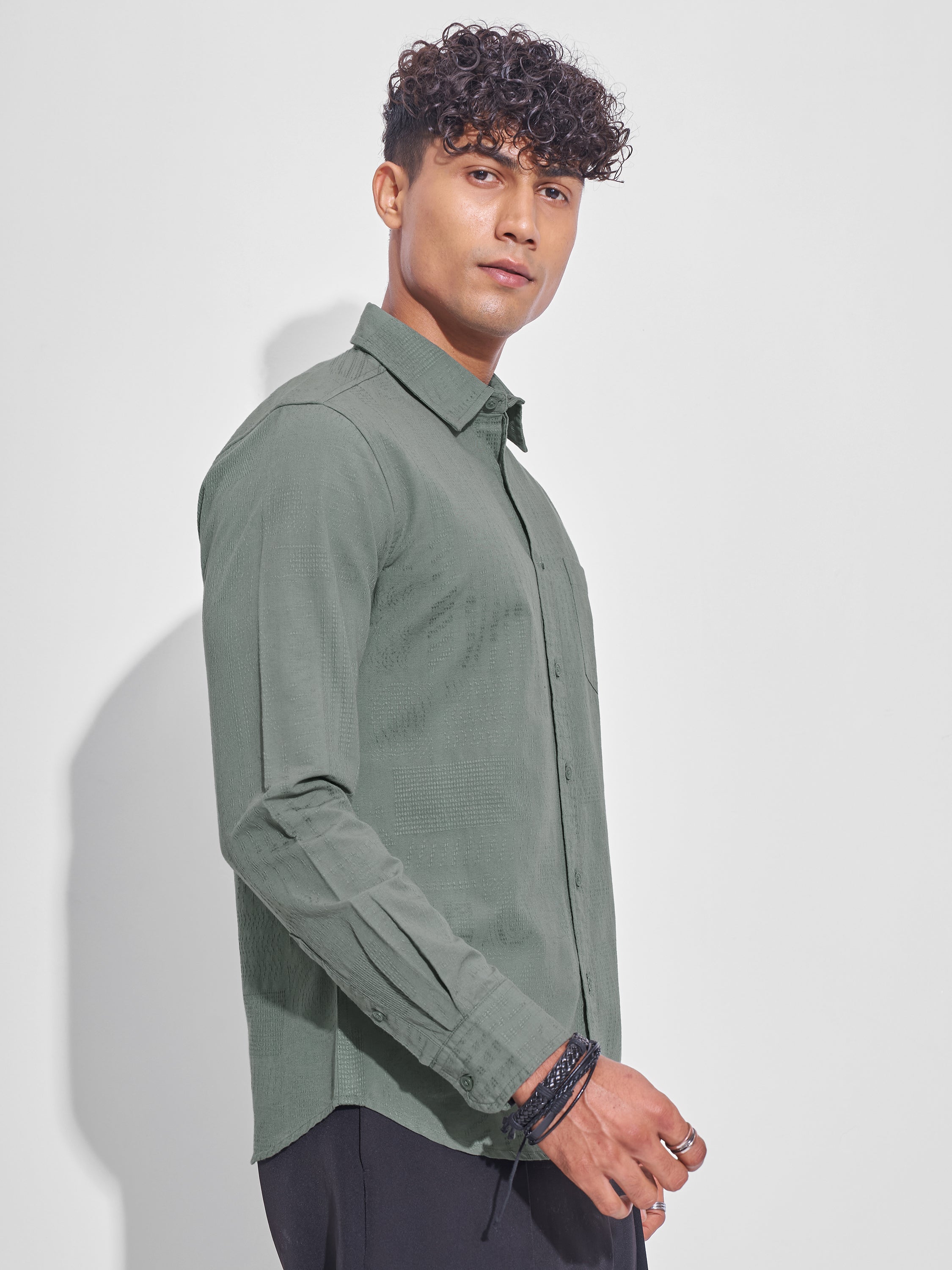 Highlander Men Olive Self Design Slim Fit Casual Shirt - Olive - Image 6