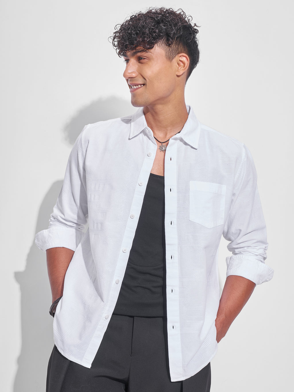 Highlander Men White Self Design Slim Fit Casual Shirt - White - Image 1