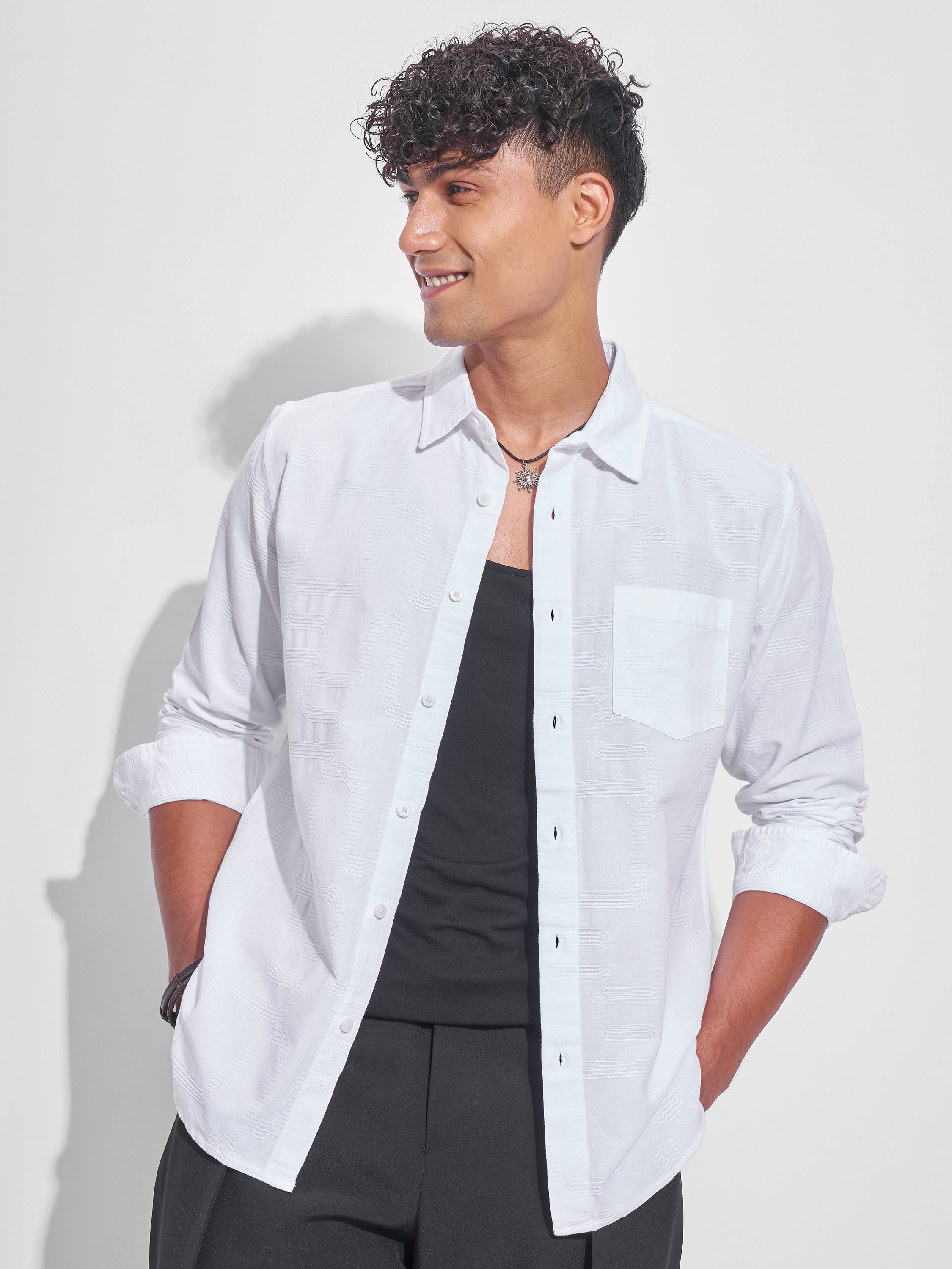 Highlander Men White Self Design Slim Fit Casual Shirt - White - Image 1
