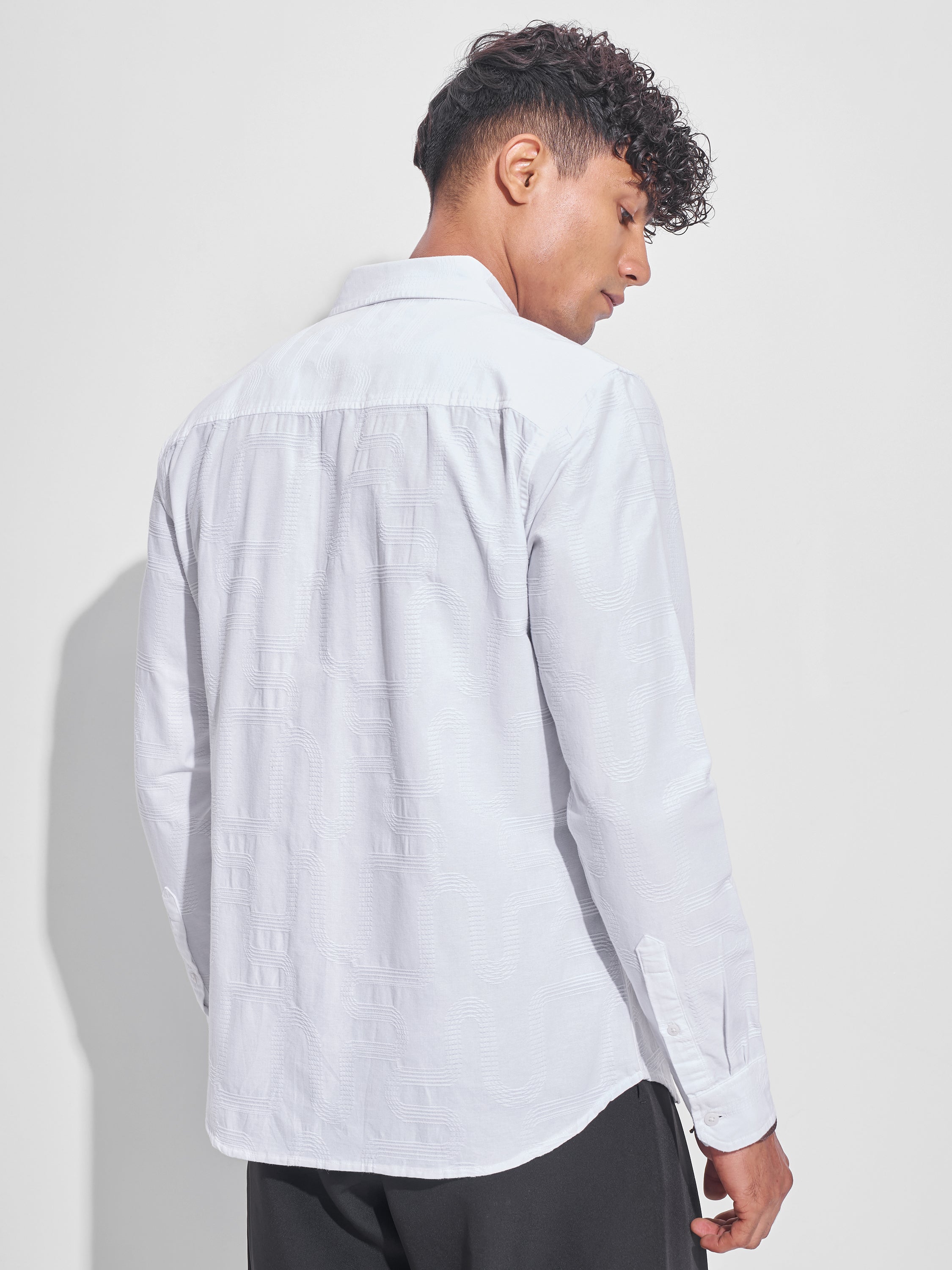 Highlander Men White Self Design Slim Fit Casual Shirt - White - Image 3