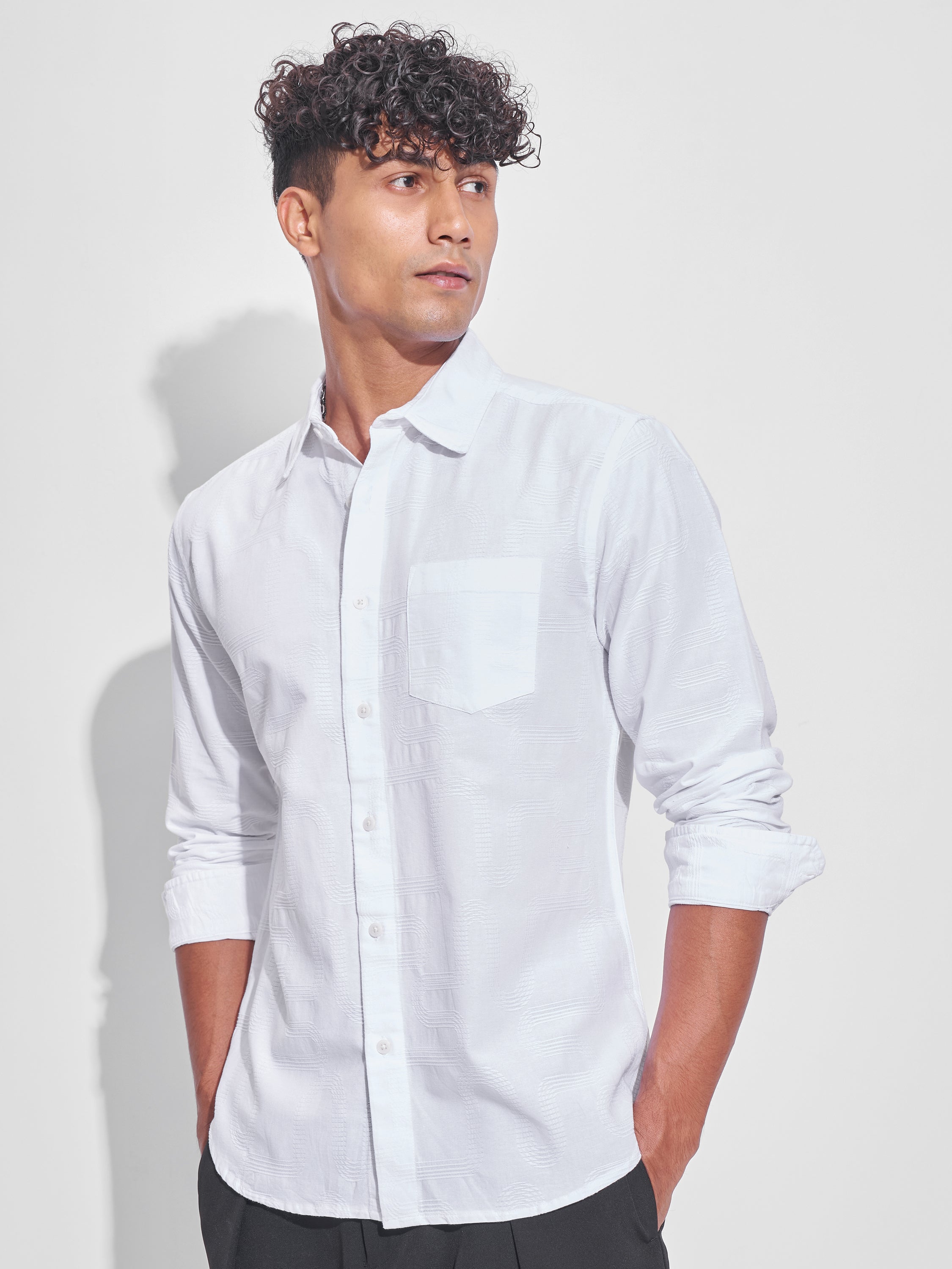 Highlander Men White Self Design Slim Fit Casual Shirt - White - Image 4