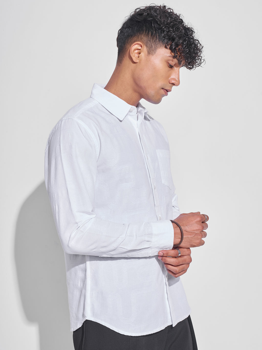 Highlander Men White Self Design Slim Fit Casual Shirt - White - Image 6