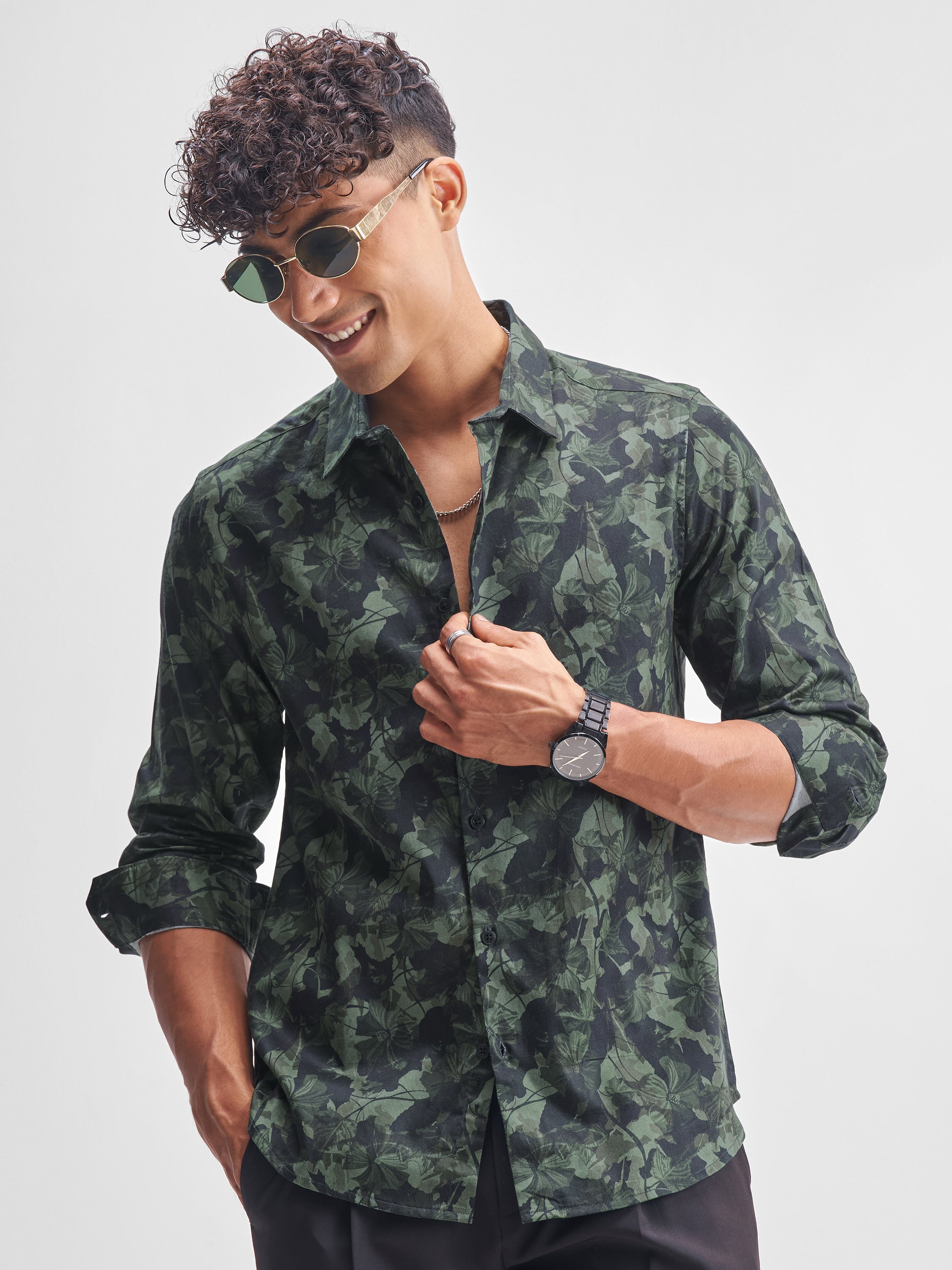 Highlander Men Olive Printed Slim Fit Casual Shirt - Olive - Image 1