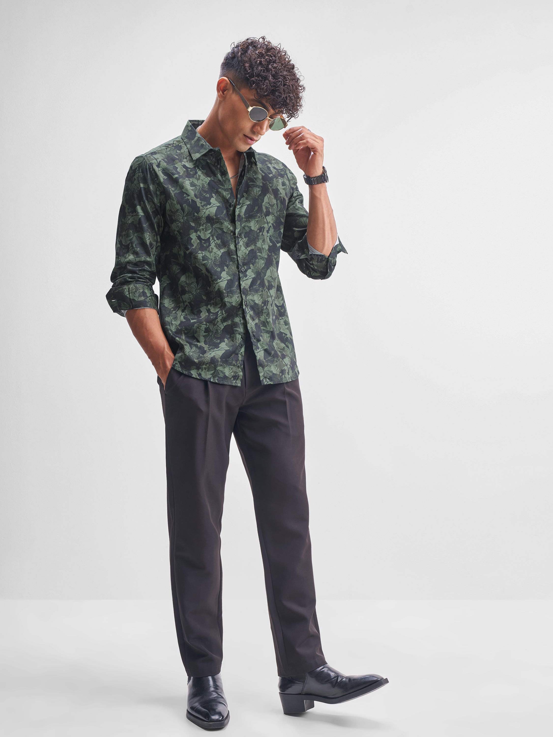 Highlander Men Olive Printed Slim Fit Casual Shirt - Olive - Image 2