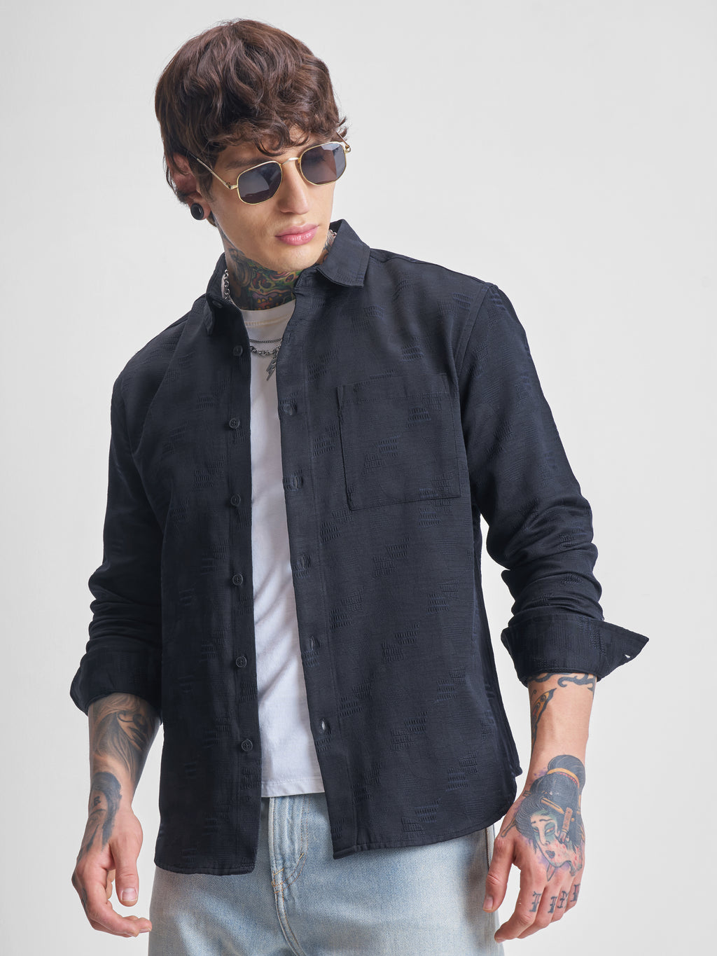 Highlander Men Navy Blue Self Design Relaxed Fit Casual Shirt - Navy Blue - Image 1