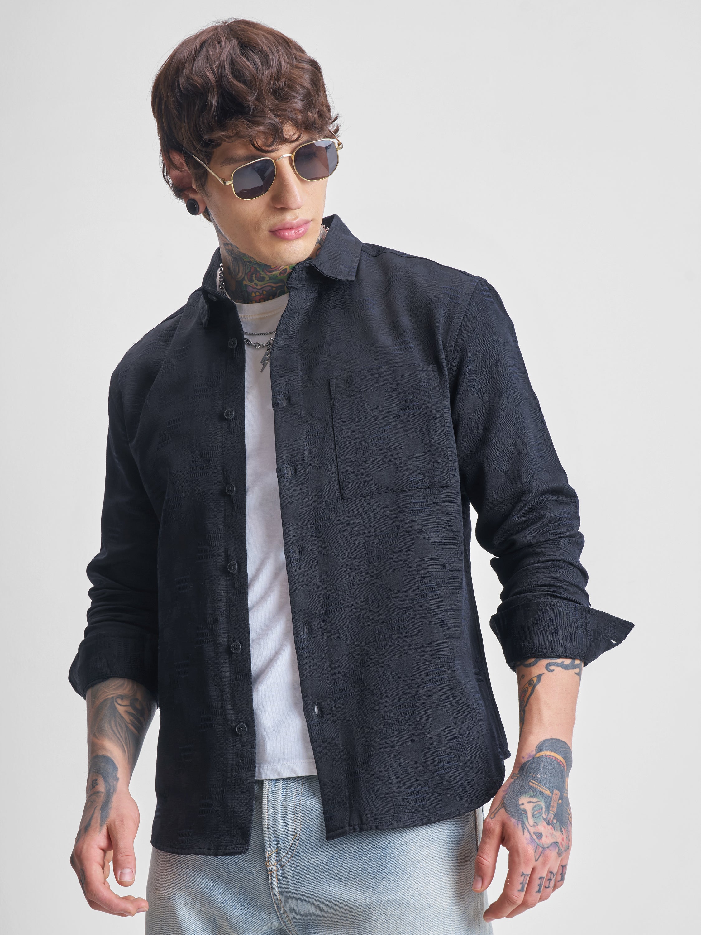 Highlander Men Navy Blue Self Design Relaxed Fit Casual Shirt - Navy Blue - Image 1