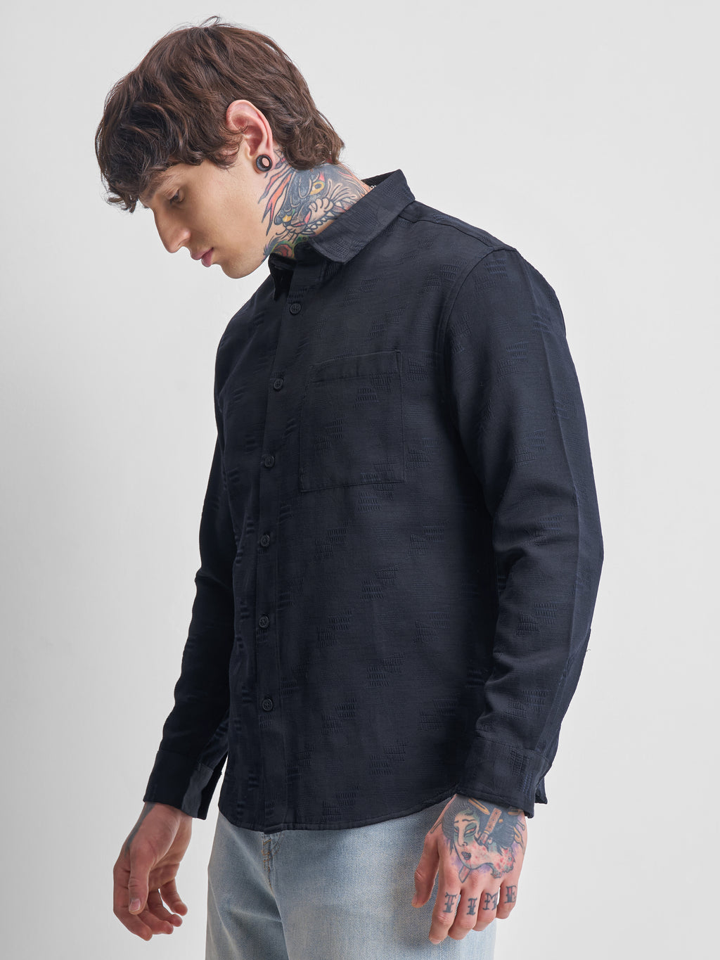 Highlander Men Navy Blue Self Design Relaxed Fit Casual Shirt - Navy Blue - Image 4