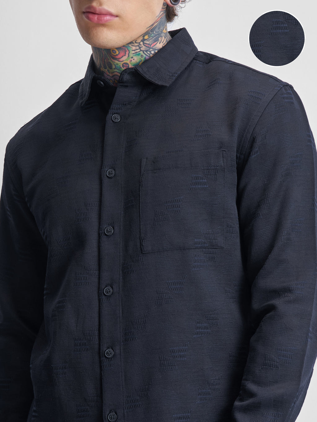 Highlander Men Navy Blue Self Design Relaxed Fit Casual Shirt - Navy Blue - Image 5