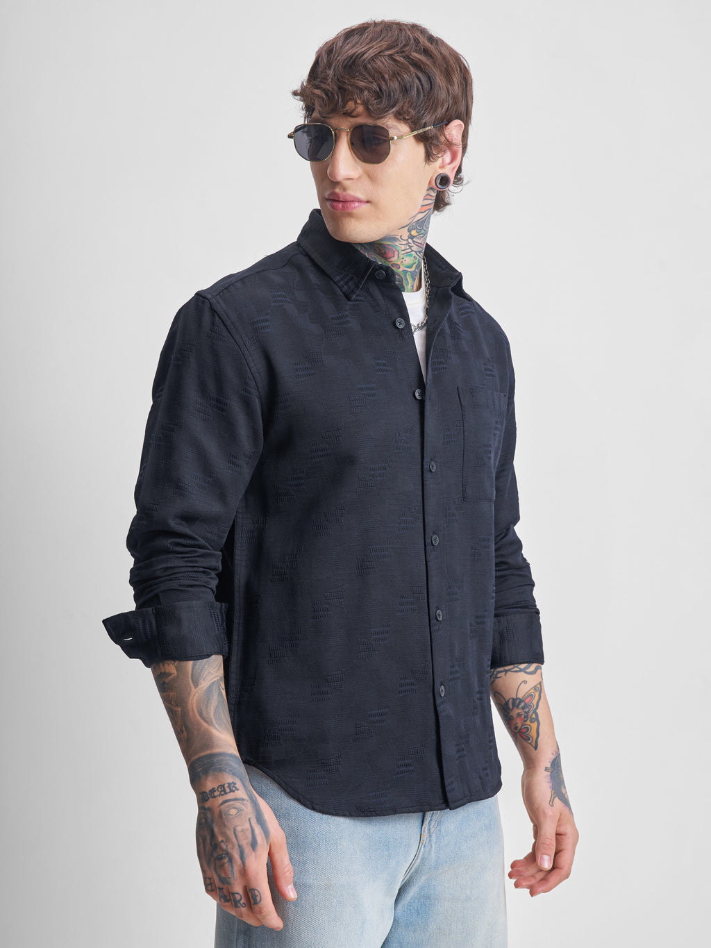Highlander Men Navy Blue Self Design Relaxed Fit Casual Shirt - Navy Blue - Image 6