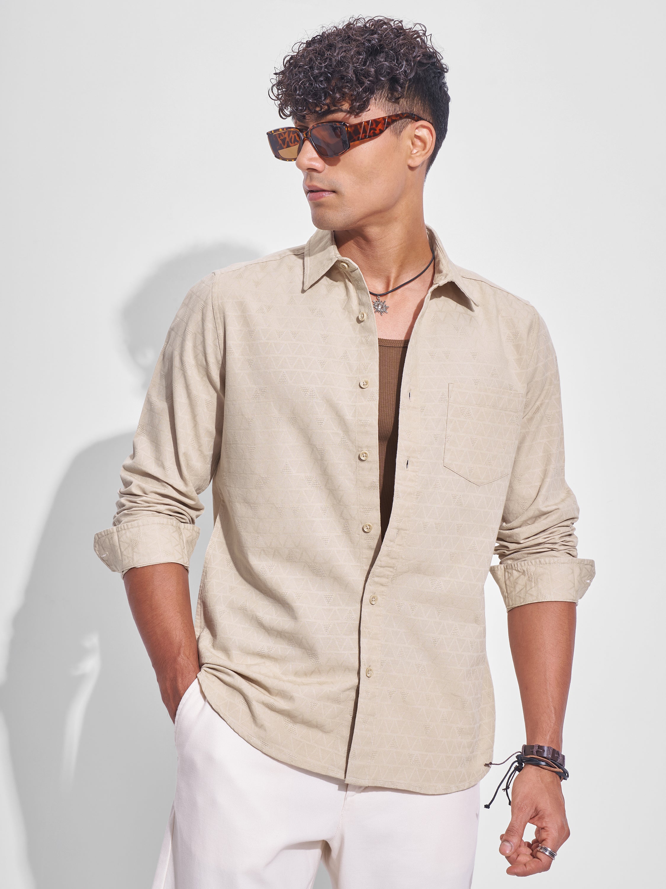 Highlander Men Beige Self Design Slim Fit Casual Shirt - Beige - Image 1