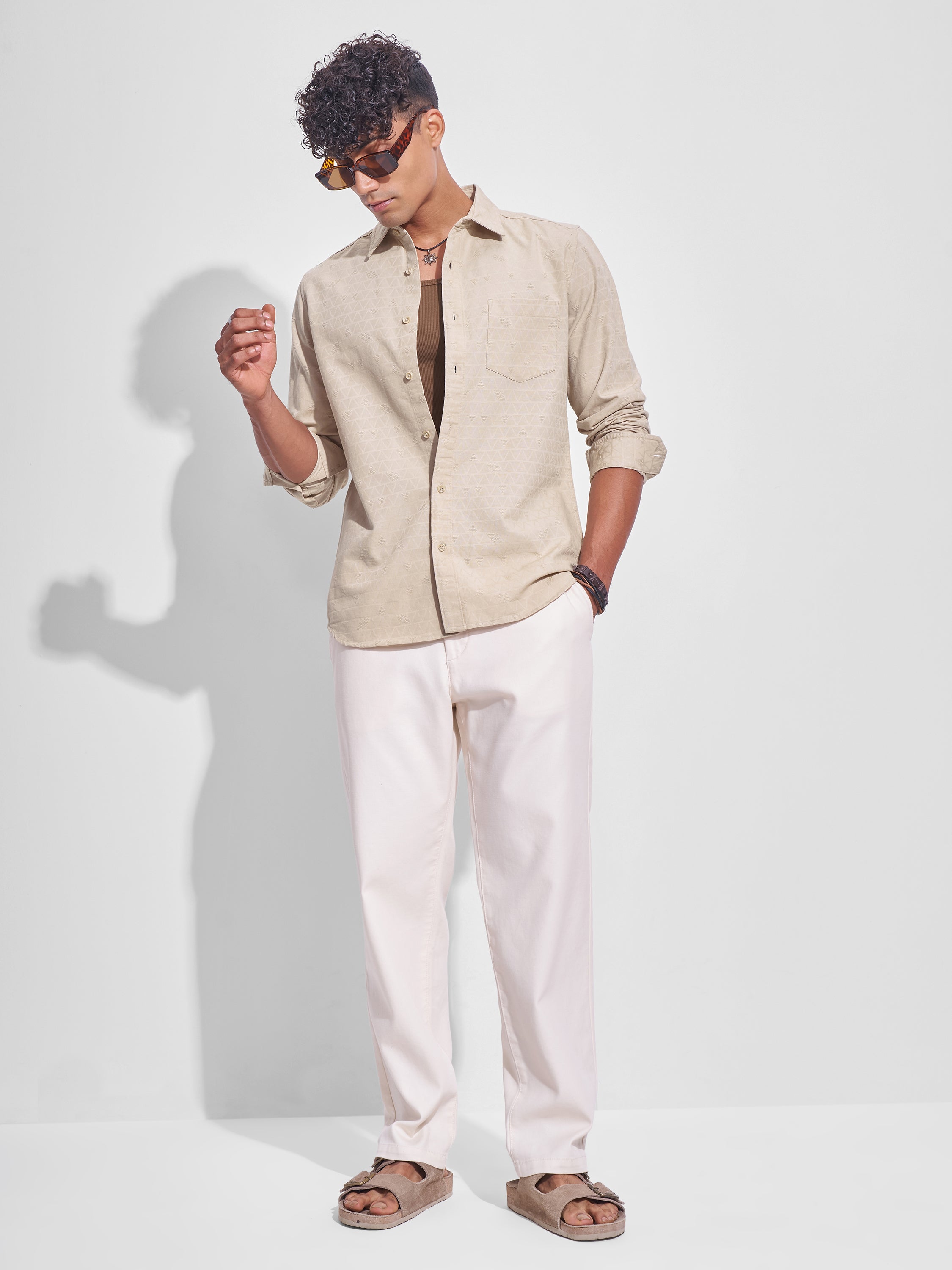 Highlander Men Beige Self Design Slim Fit Casual Shirt - Beige - Image 2