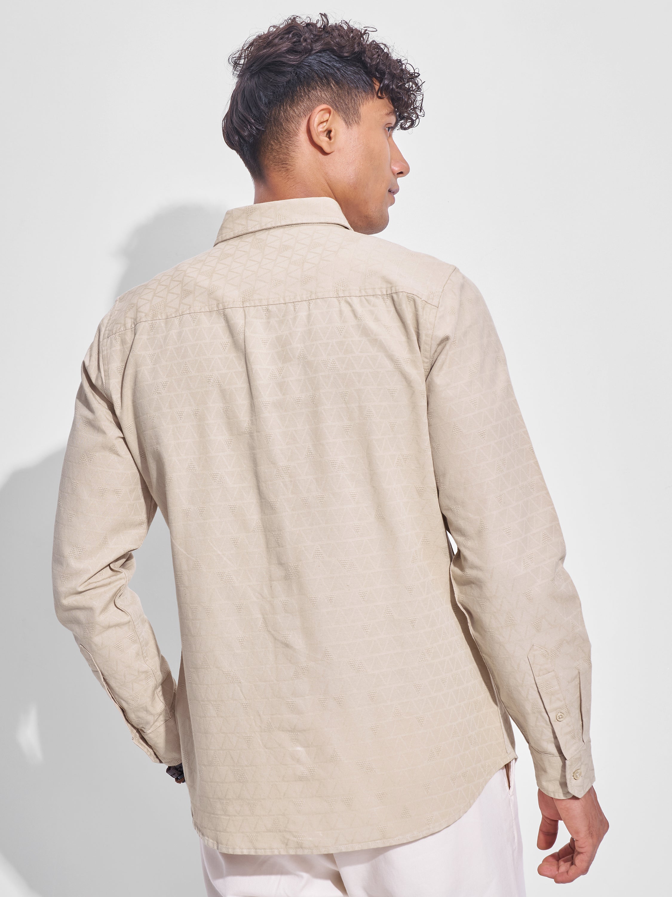 Highlander Men Beige Self Design Slim Fit Casual Shirt - Beige - Image 3