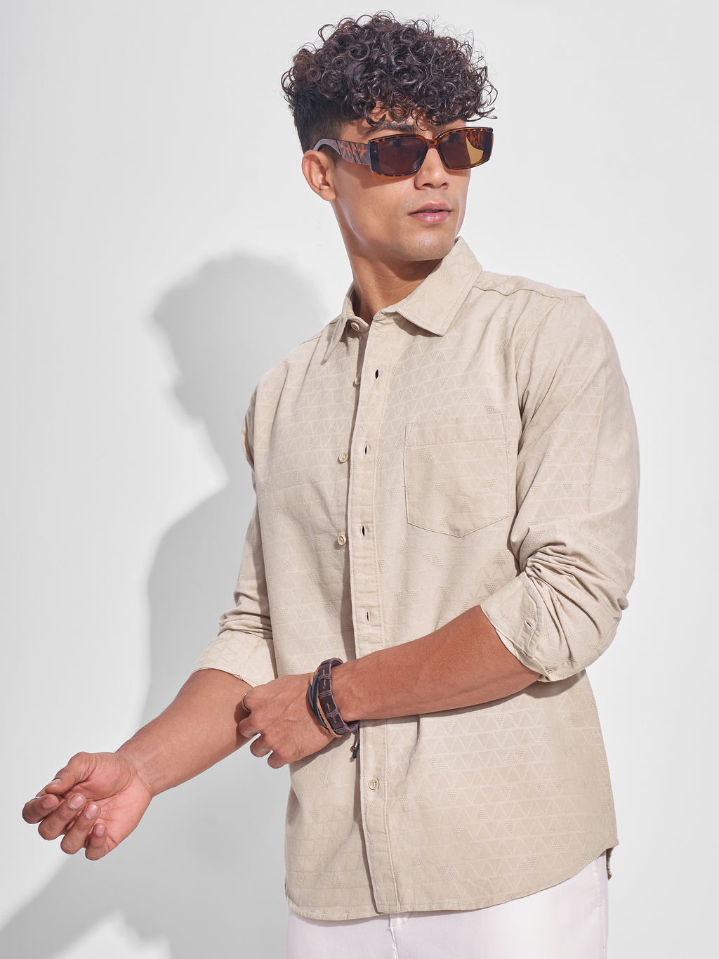 Highlander Men Beige Self Design Slim Fit Casual Shirt - Beige - Image 4