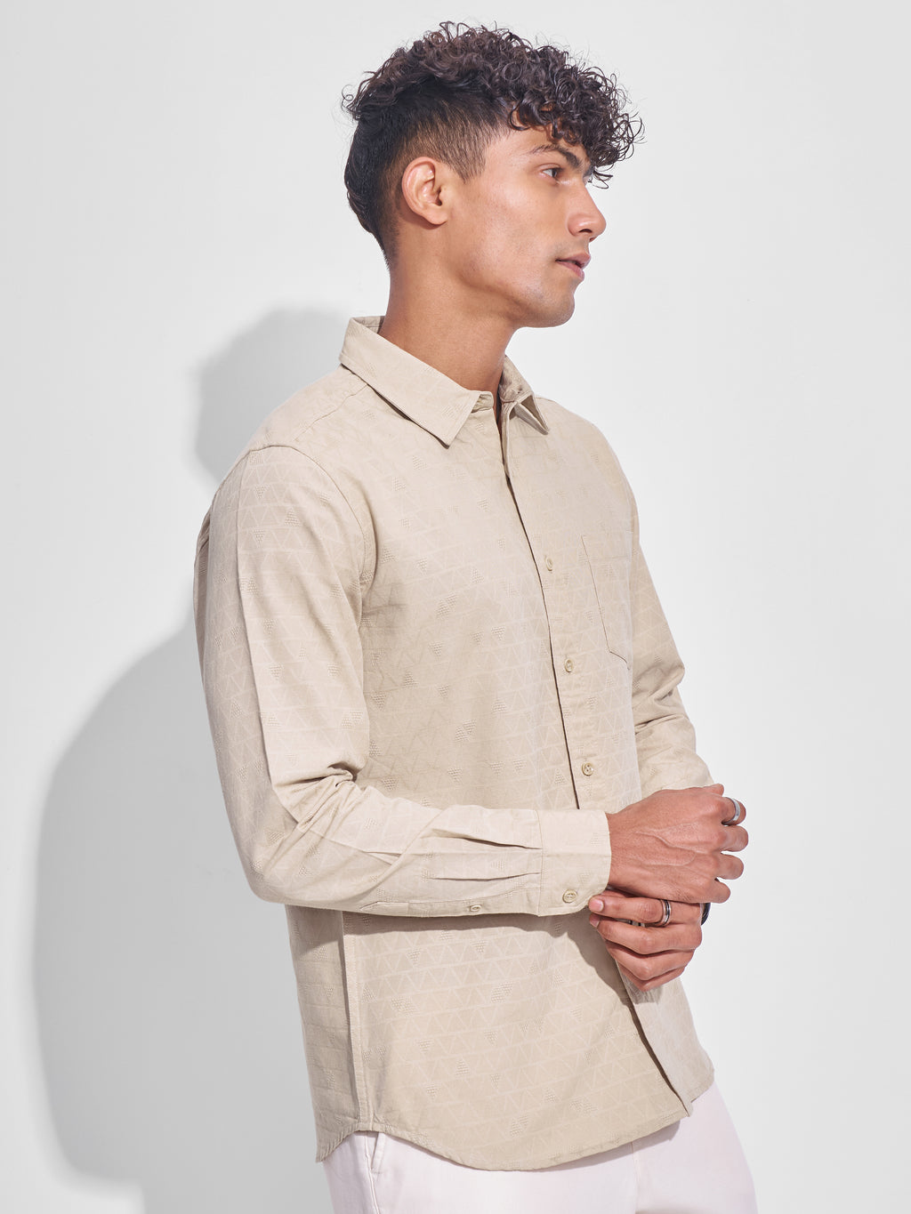 Highlander Men Beige Self Design Slim Fit Casual Shirt - Beige - Image 6
