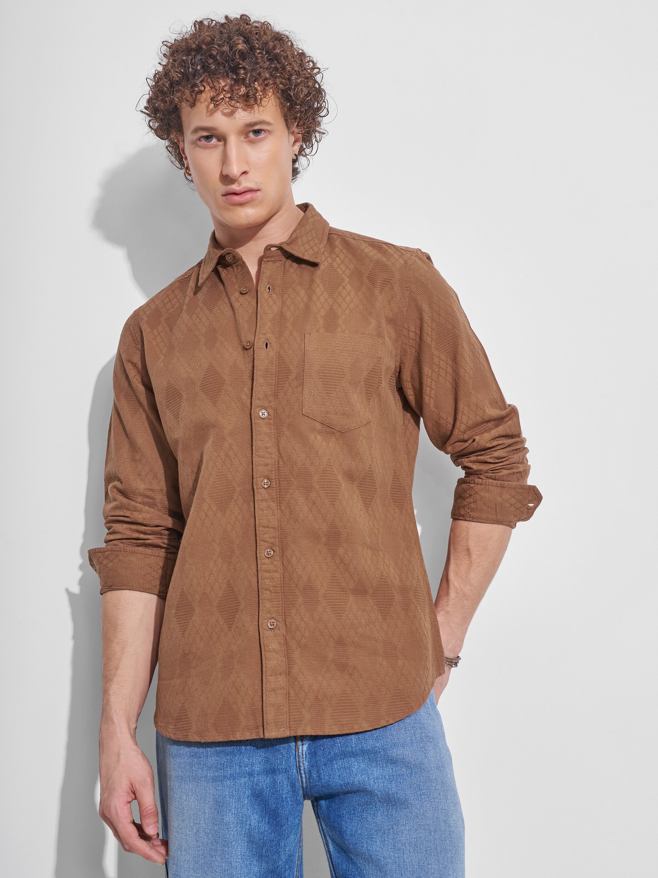 Highlander Men Rust Self Design Slim Fit Casual Shirt - Rust - Image 1